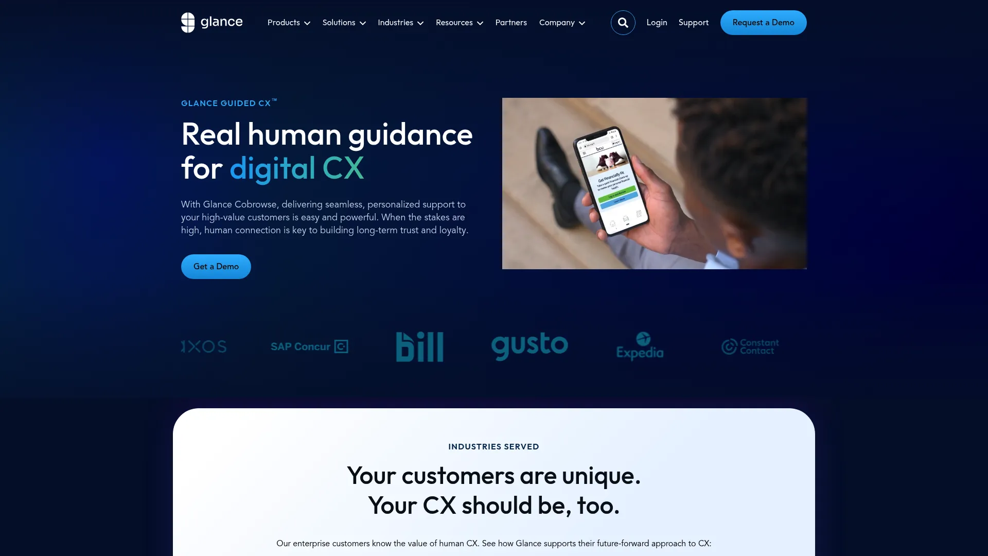 Glance Guided CX co-browsing software homepage.