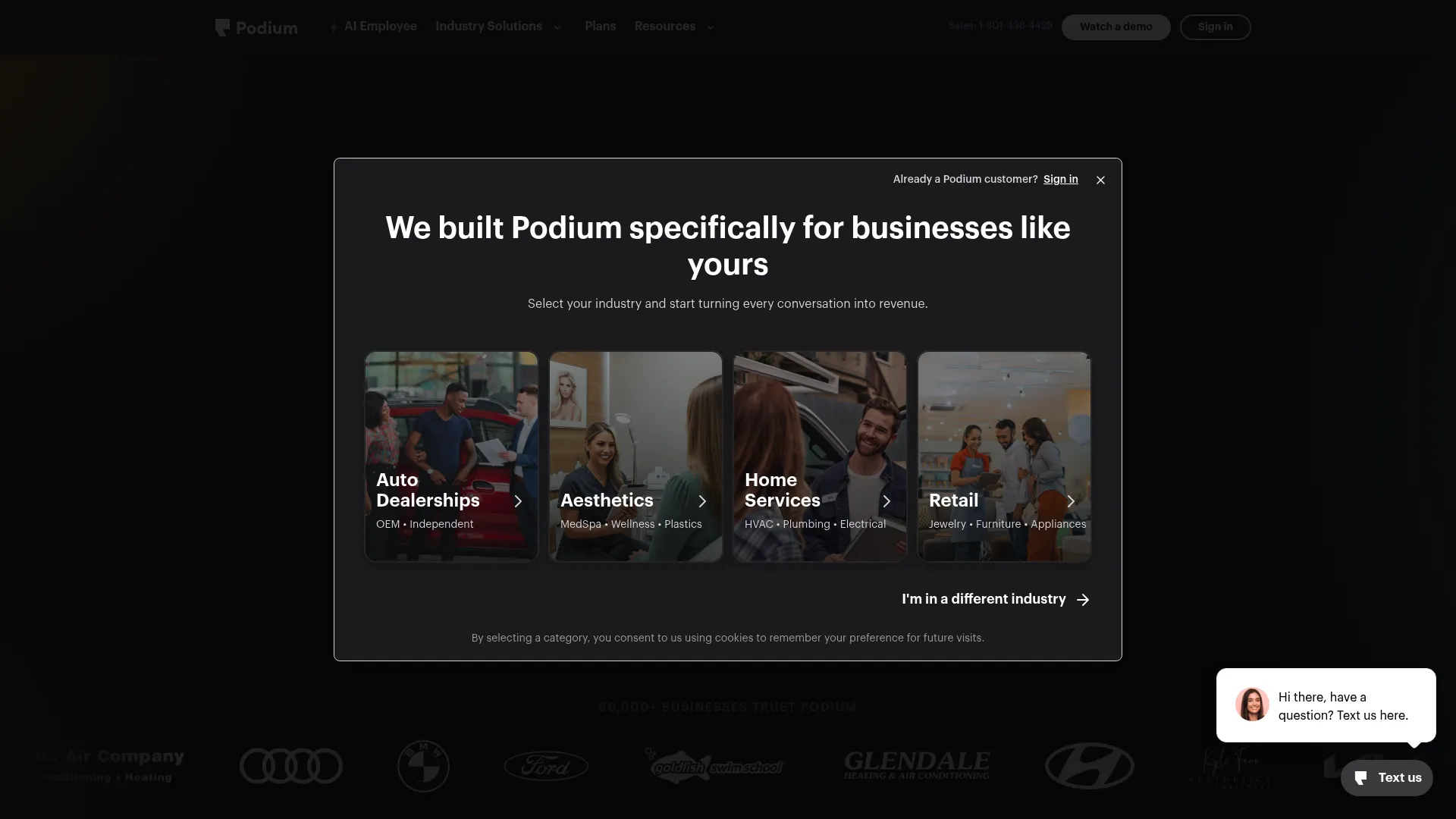 Podium customer communication and review platform homepage
