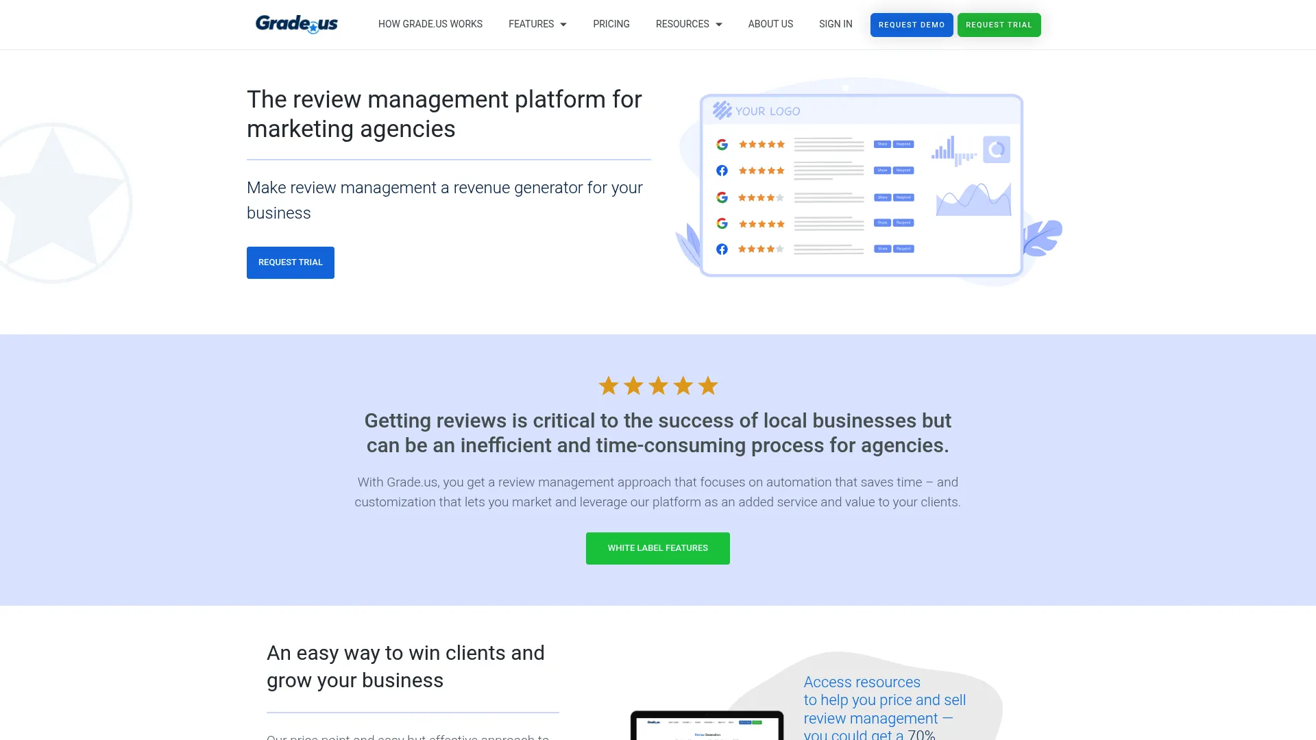 Grade.us white-label review management platform homepage