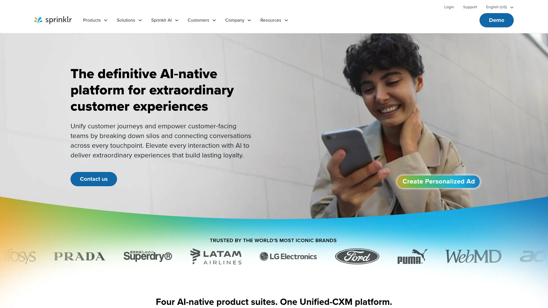 Sprinklr unified customer experience management platform homepage