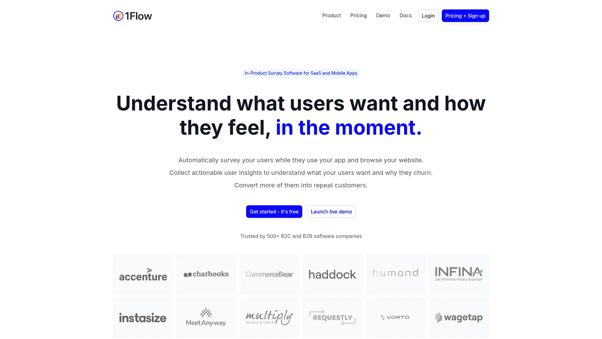 1Flow in-app survey platform homepage