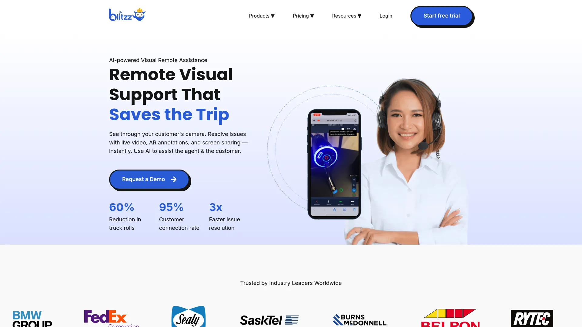 Blitzz app-free remote visual support homepage