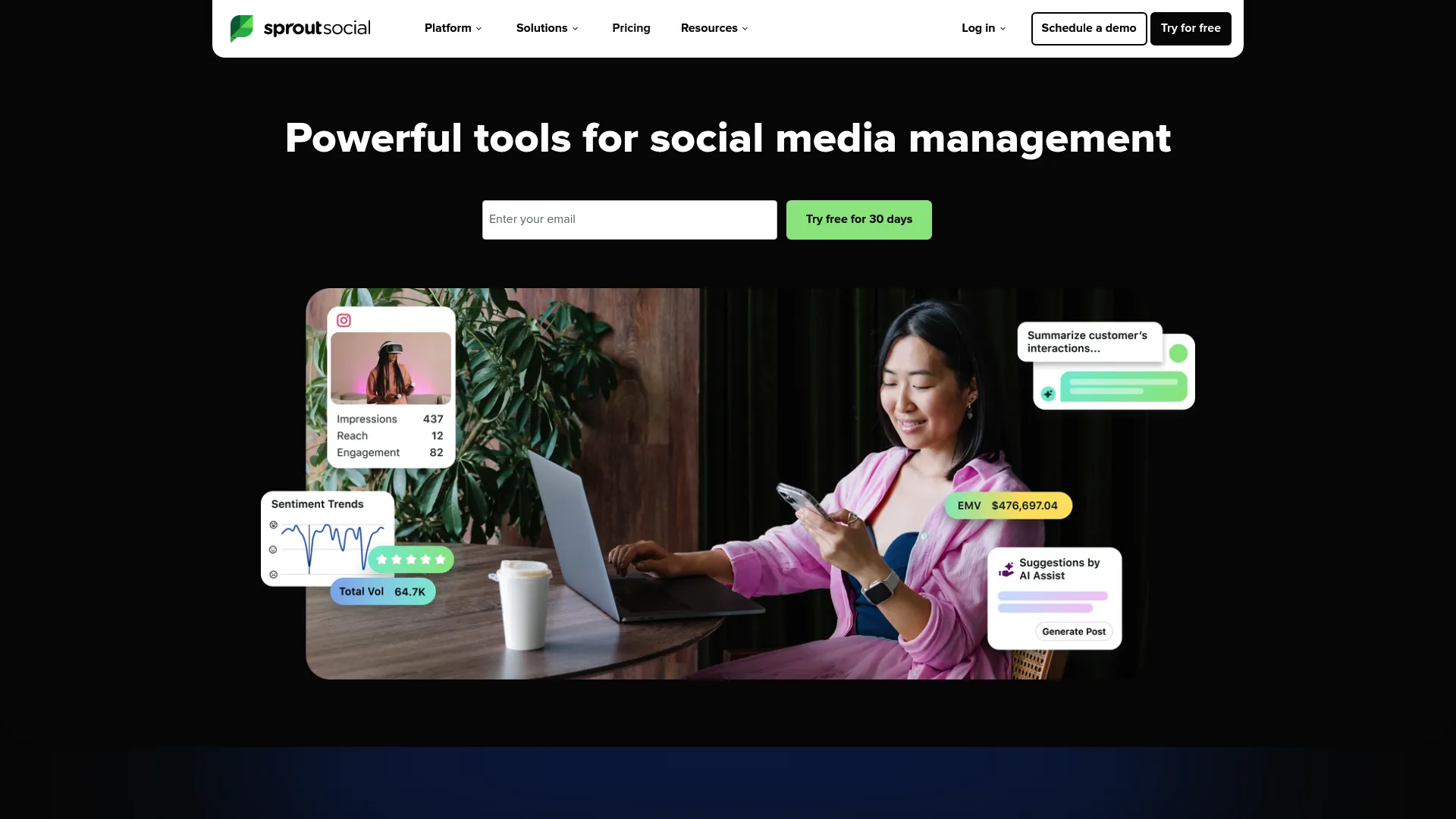 Sprout Social customer care platform homepage