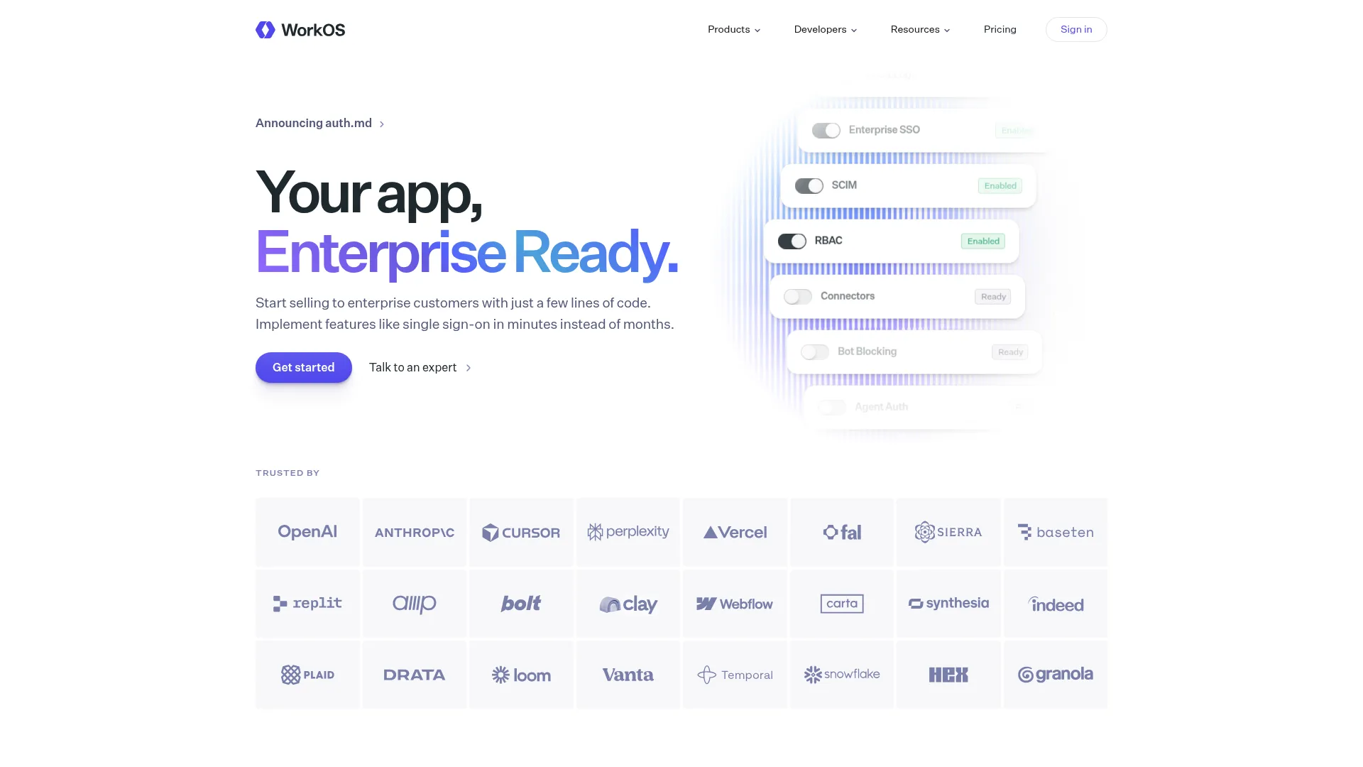 WorkOS enterprise readiness platform page