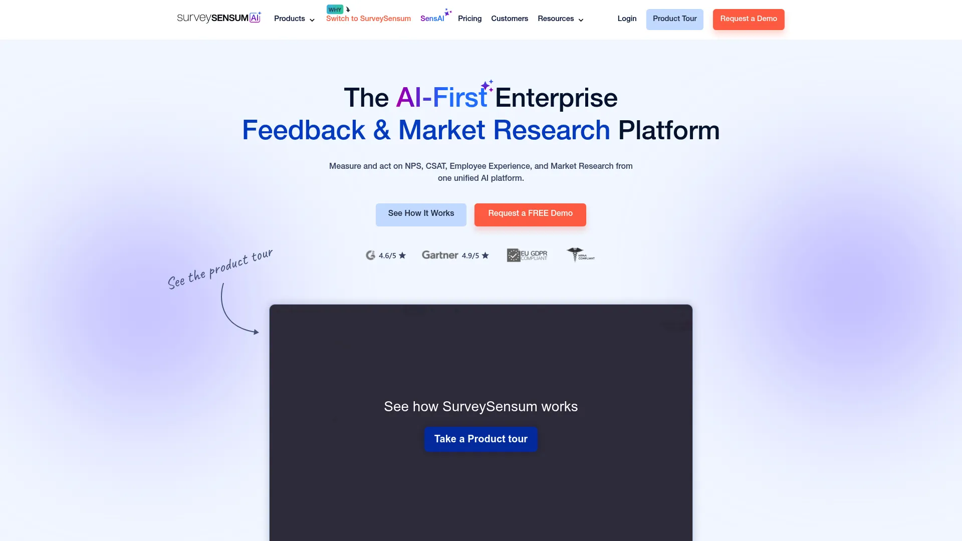SurveySensum AI-first customer experience and feedback platform homepage