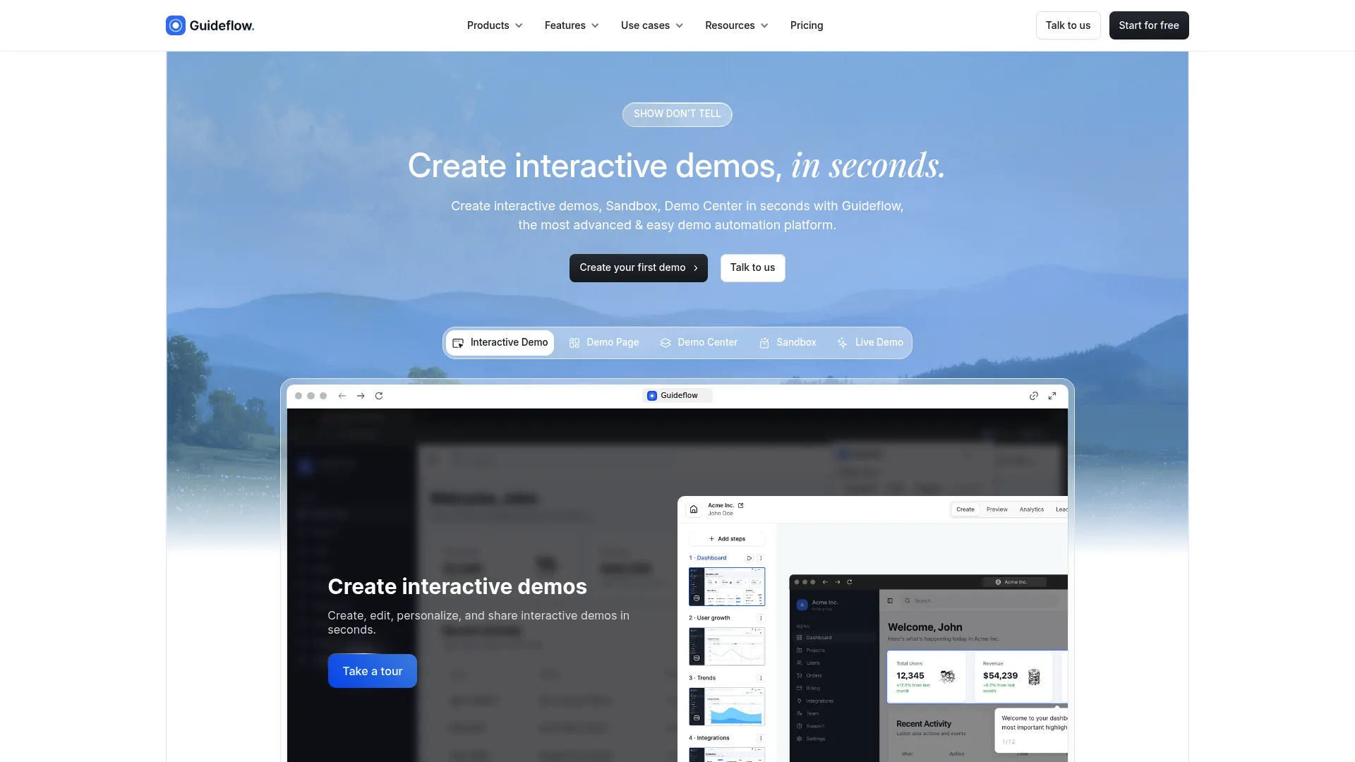Guideflow interactive demo platform homepage
