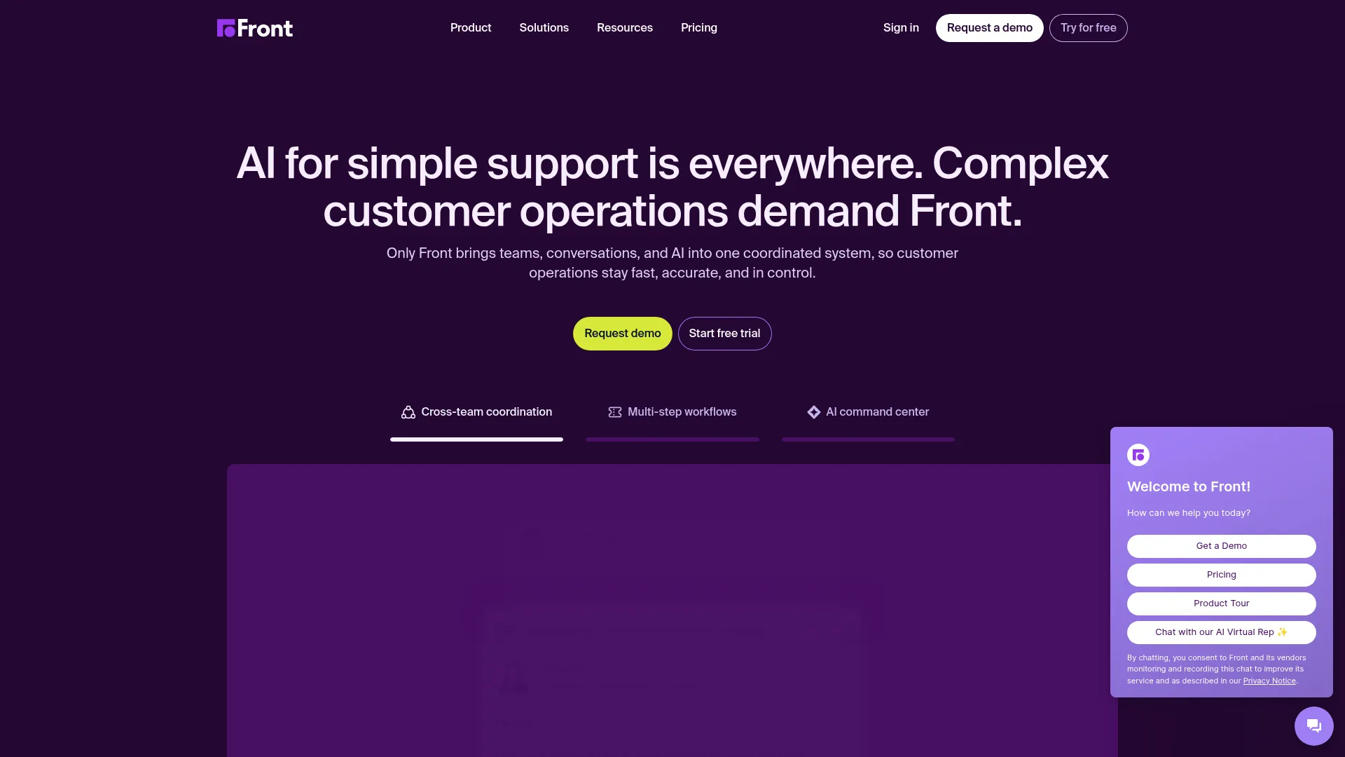 Front customer operations platform homepage