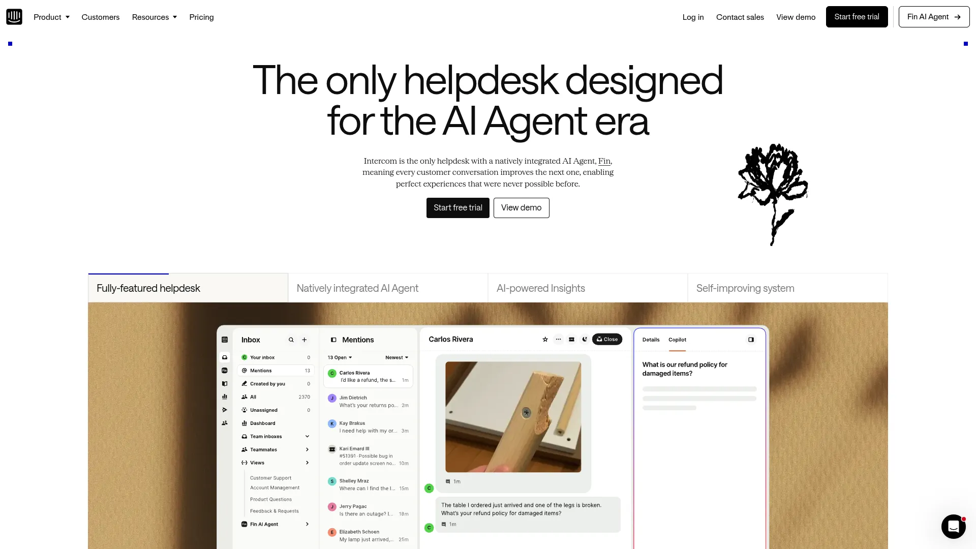 Intercom AI customer service platform homepage