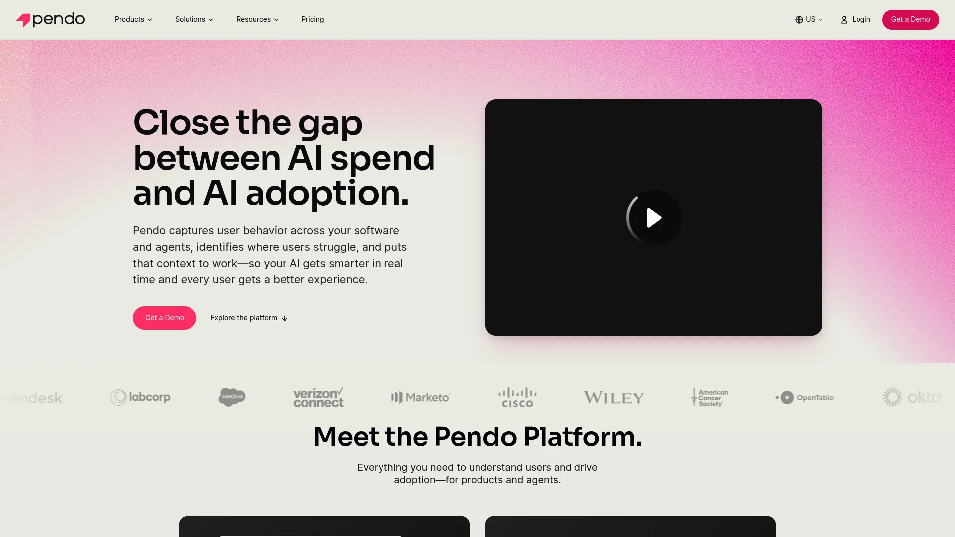 Pendo product experience platform homepage