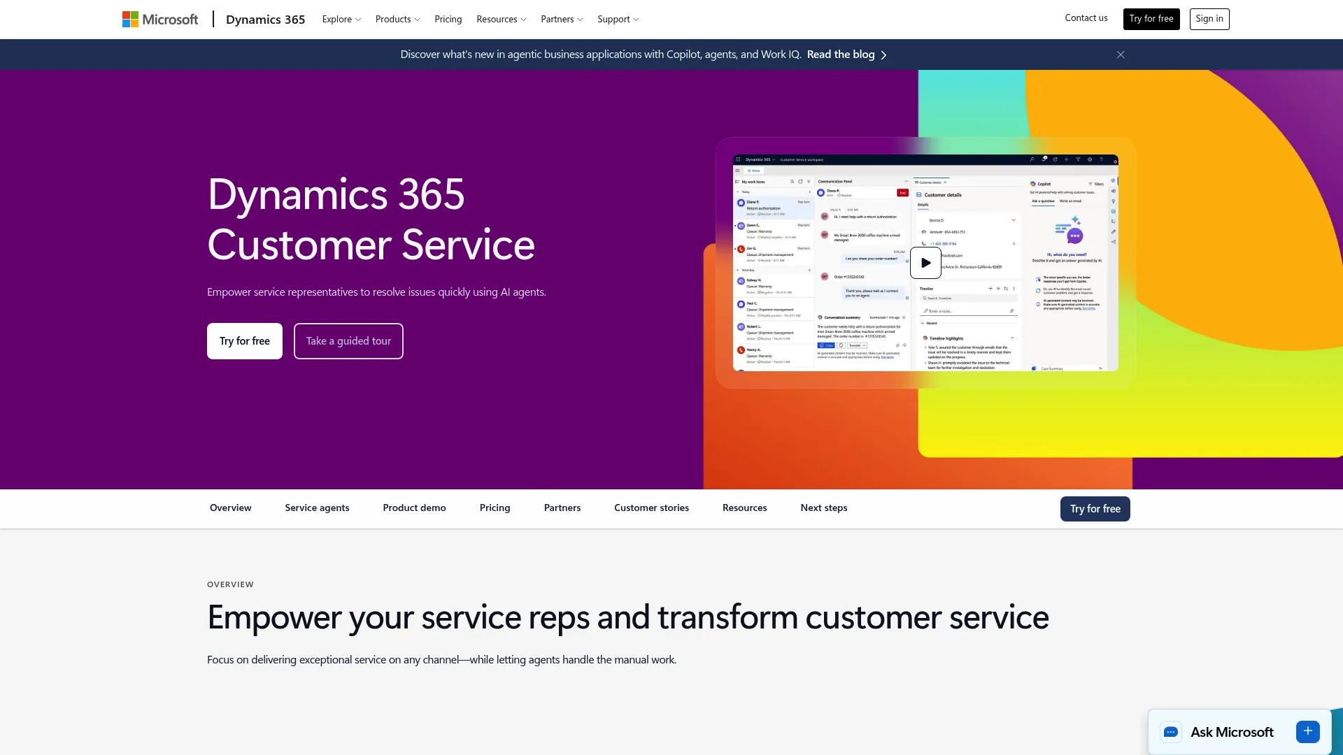 Microsoft Dynamics 365 Customer Service platform homepage
