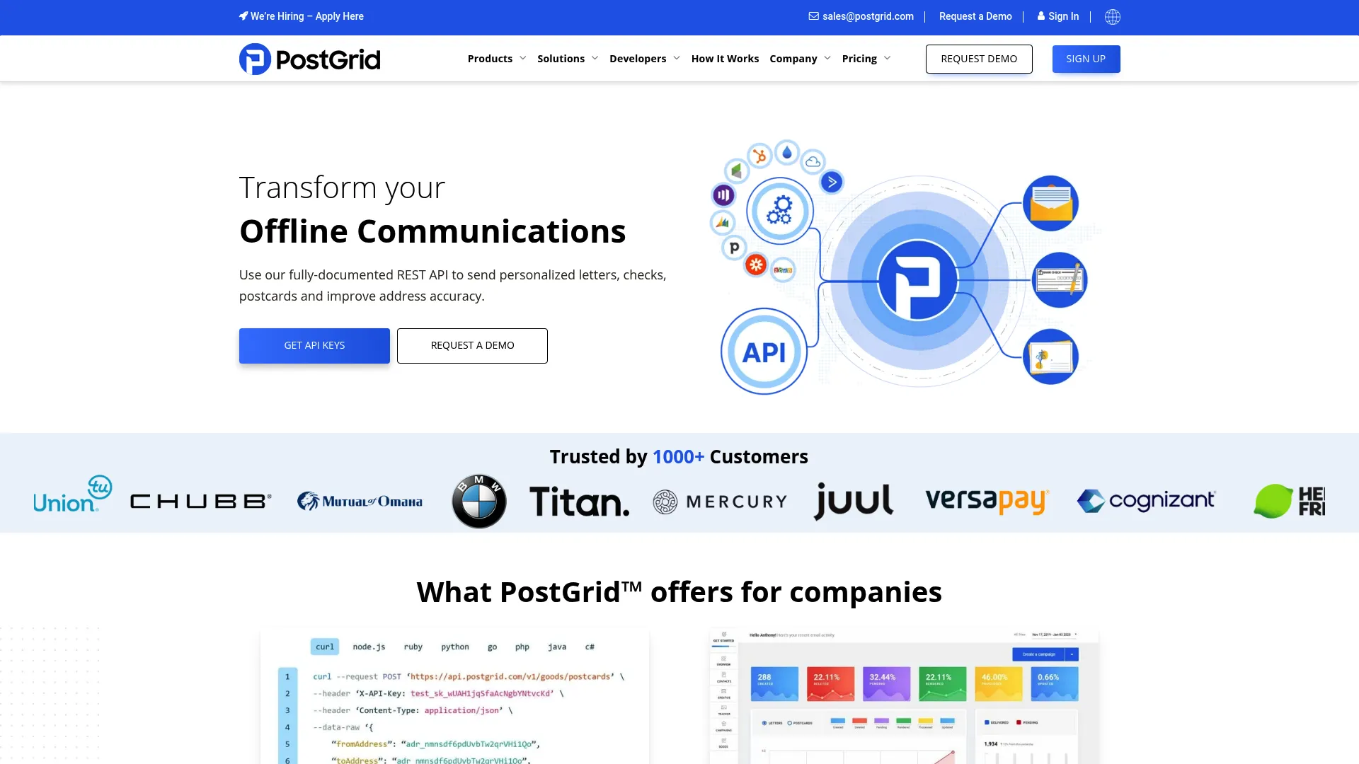 PostGrid print, mail, and address verification platform homepage