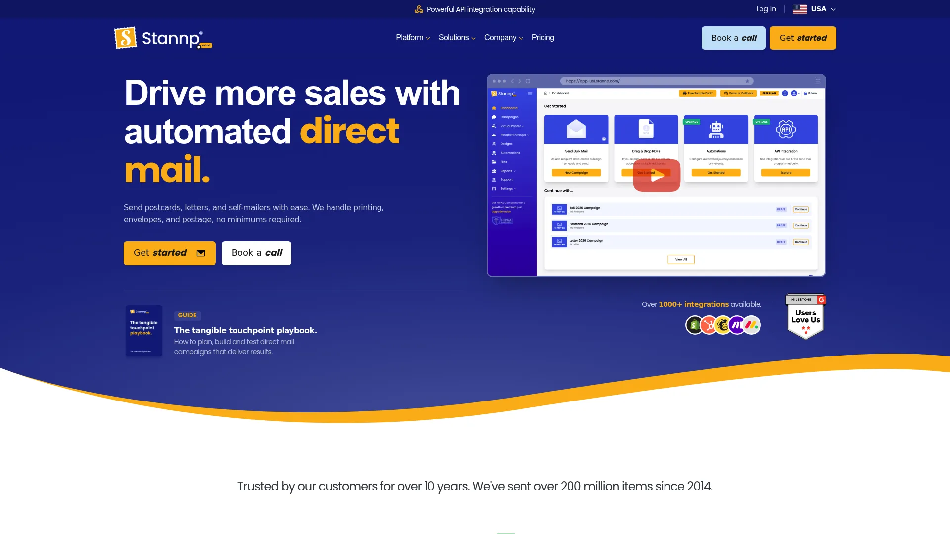 Stannp direct mail marketing platform homepage