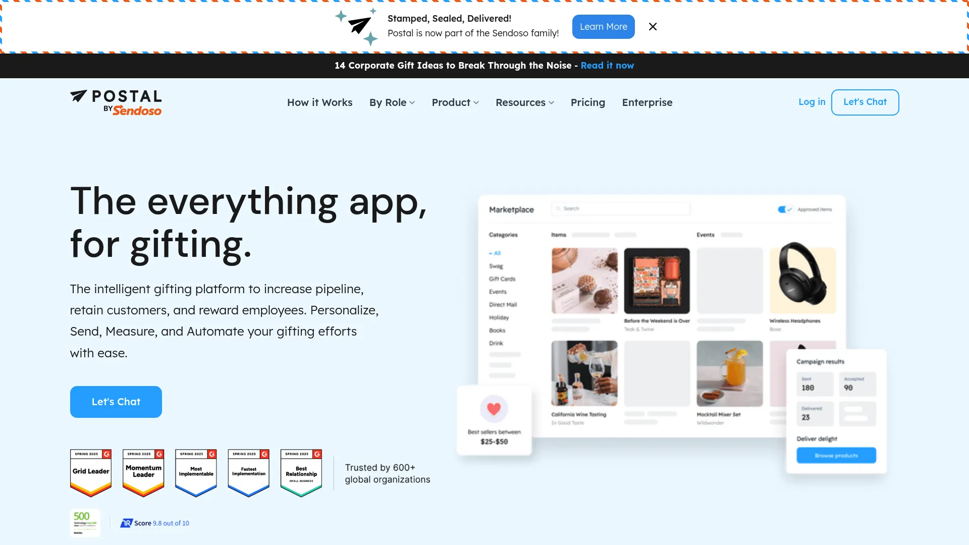 Postal gifting, swag, and direct mail platform homepage