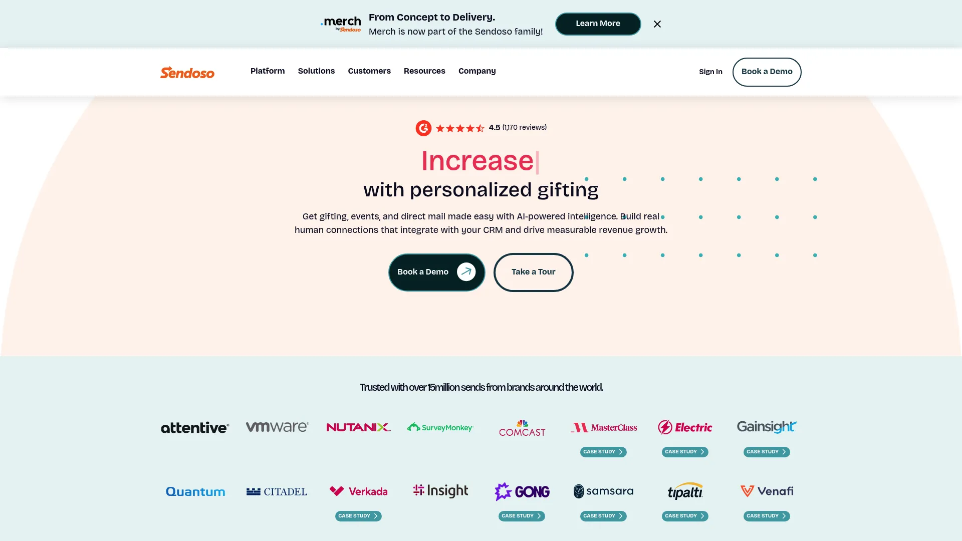 Sendoso gifting and direct mail sending platform homepage