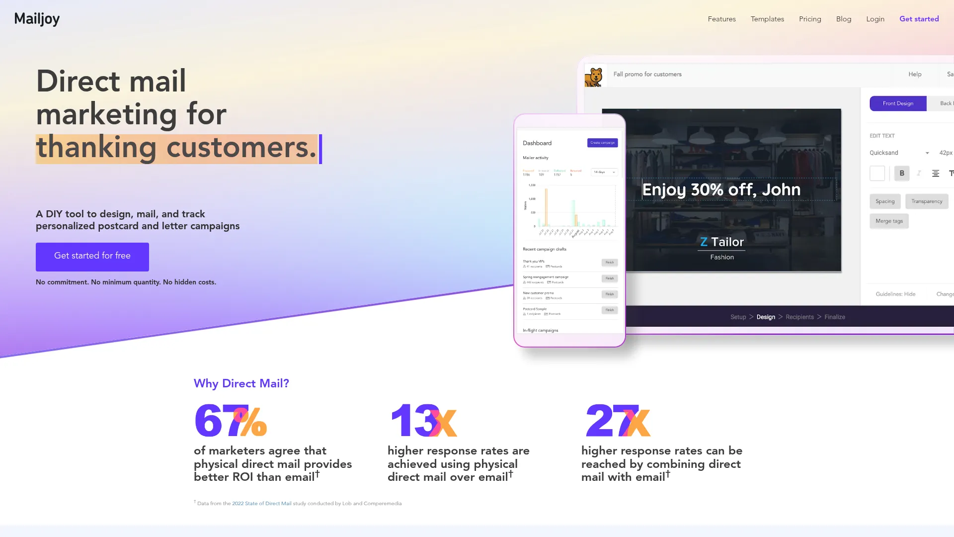 Mailjoy self-serve direct mail software homepage