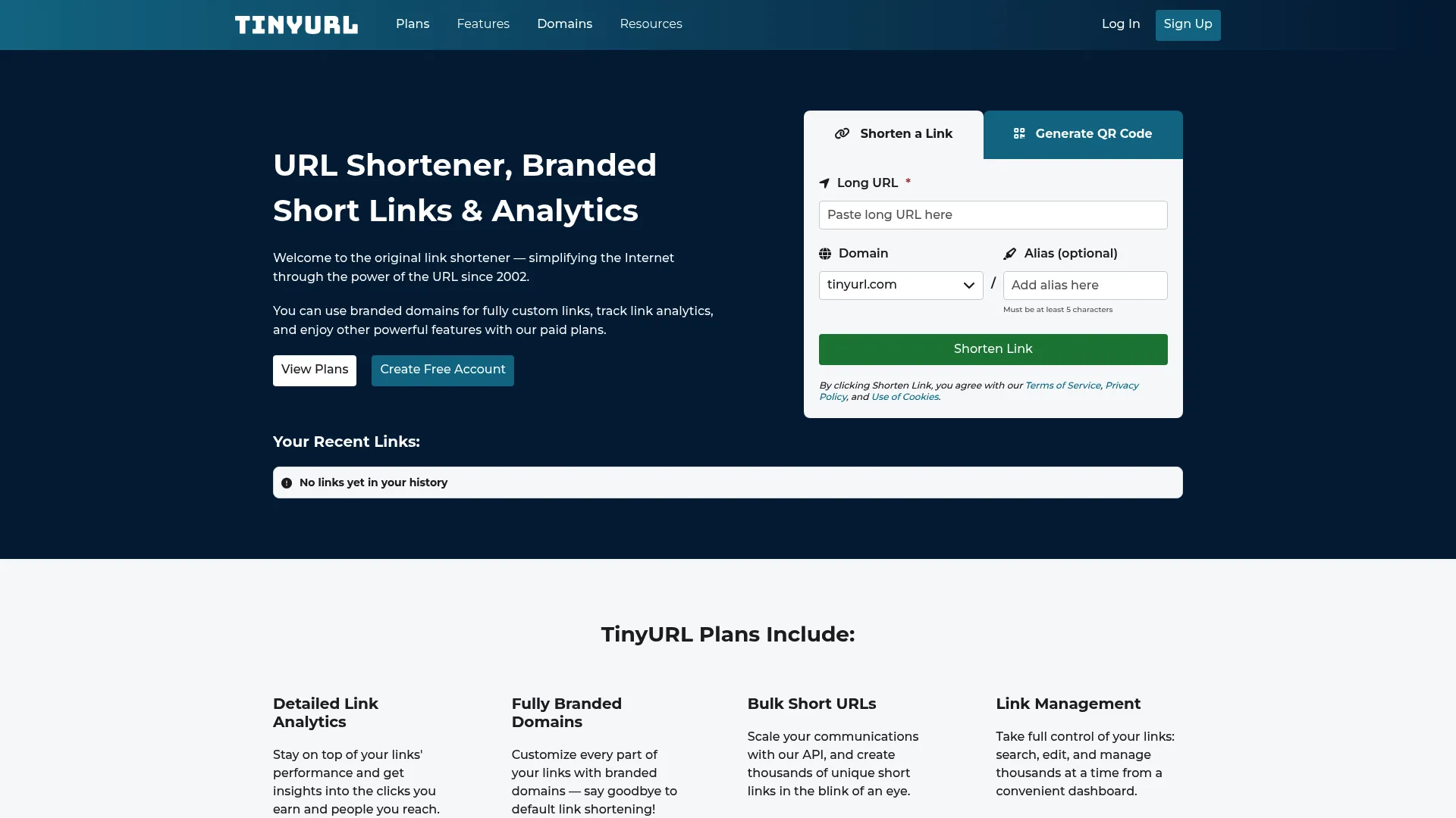 TinyURL link management screenshot