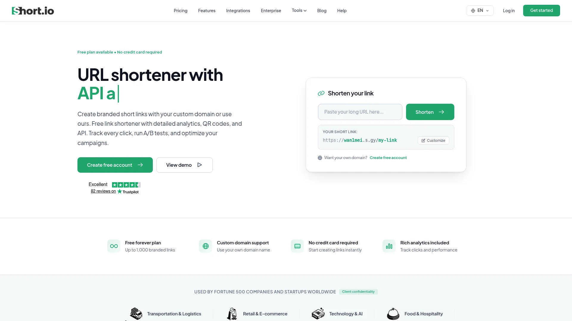 Short.io branded link shortener screenshot
