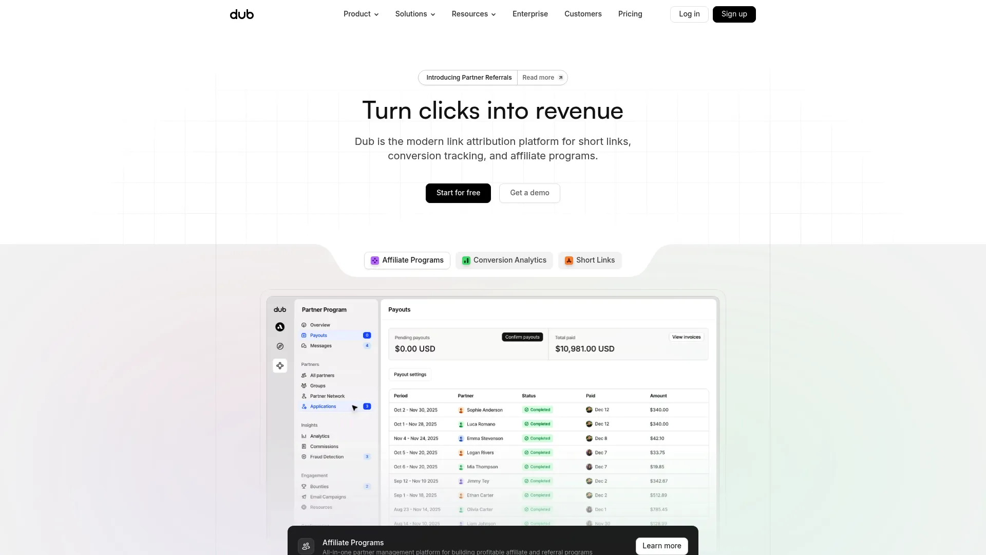Dub link attribution platform screenshot