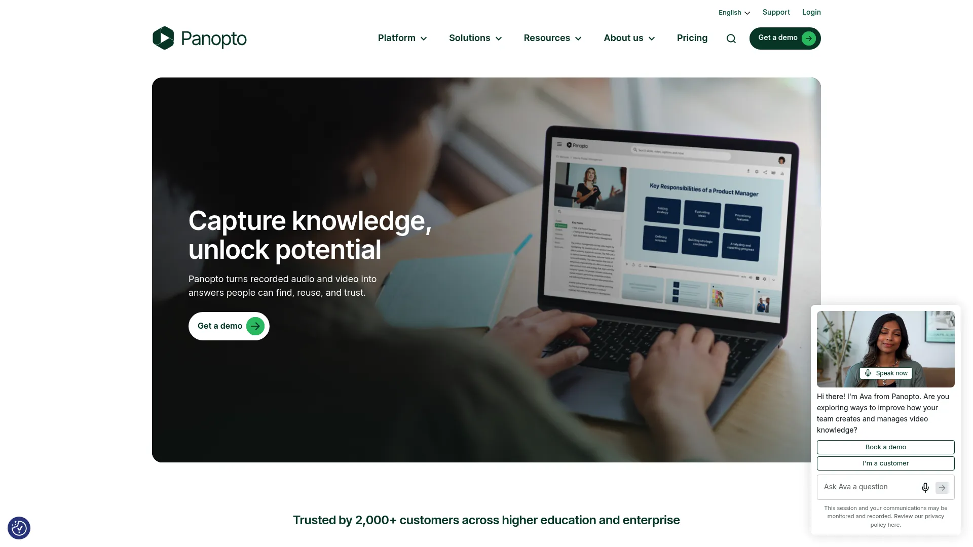 Panopto homepage screenshot