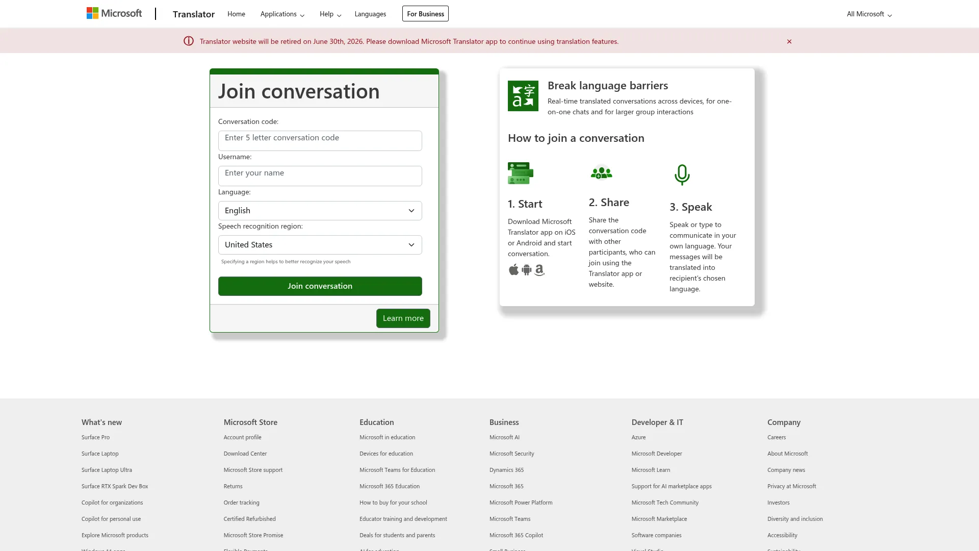 Microsoft Translator translation tool