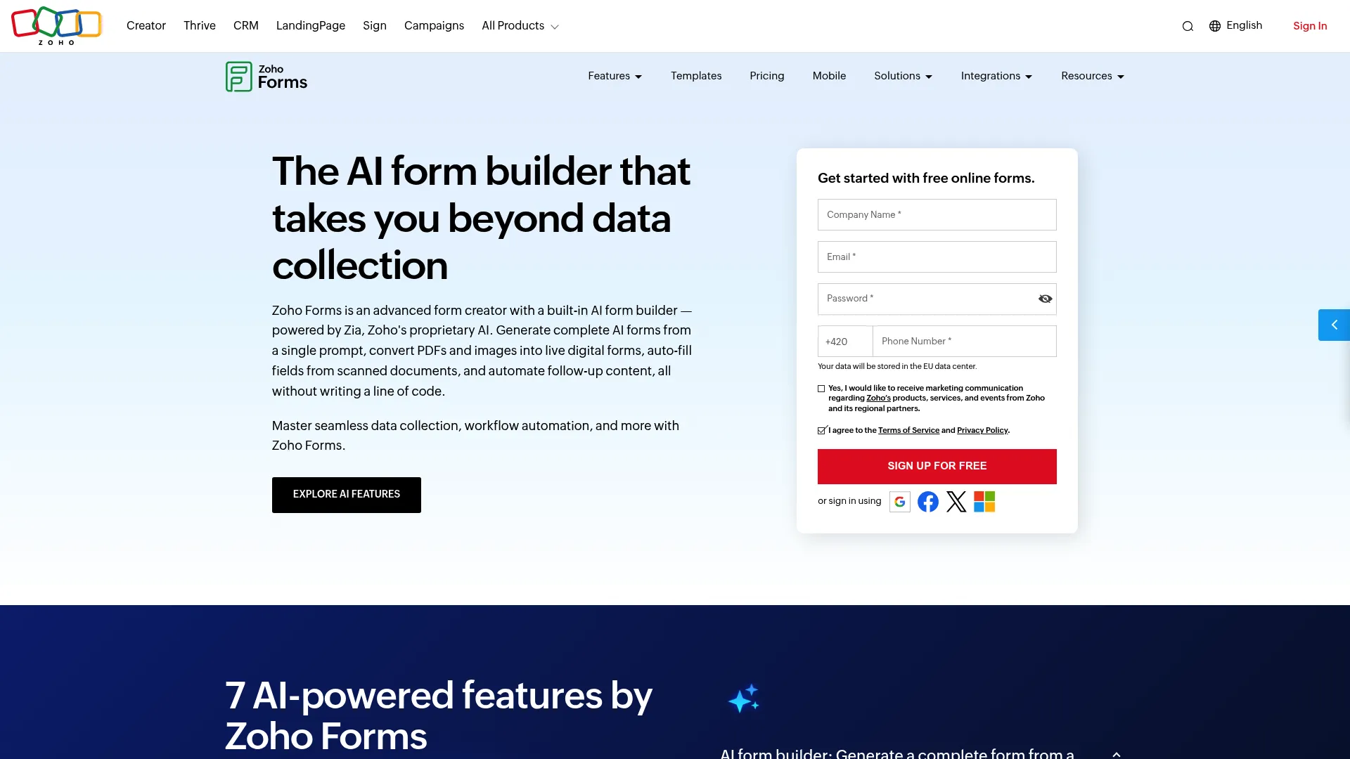 Zoho Forms online form builder homepage