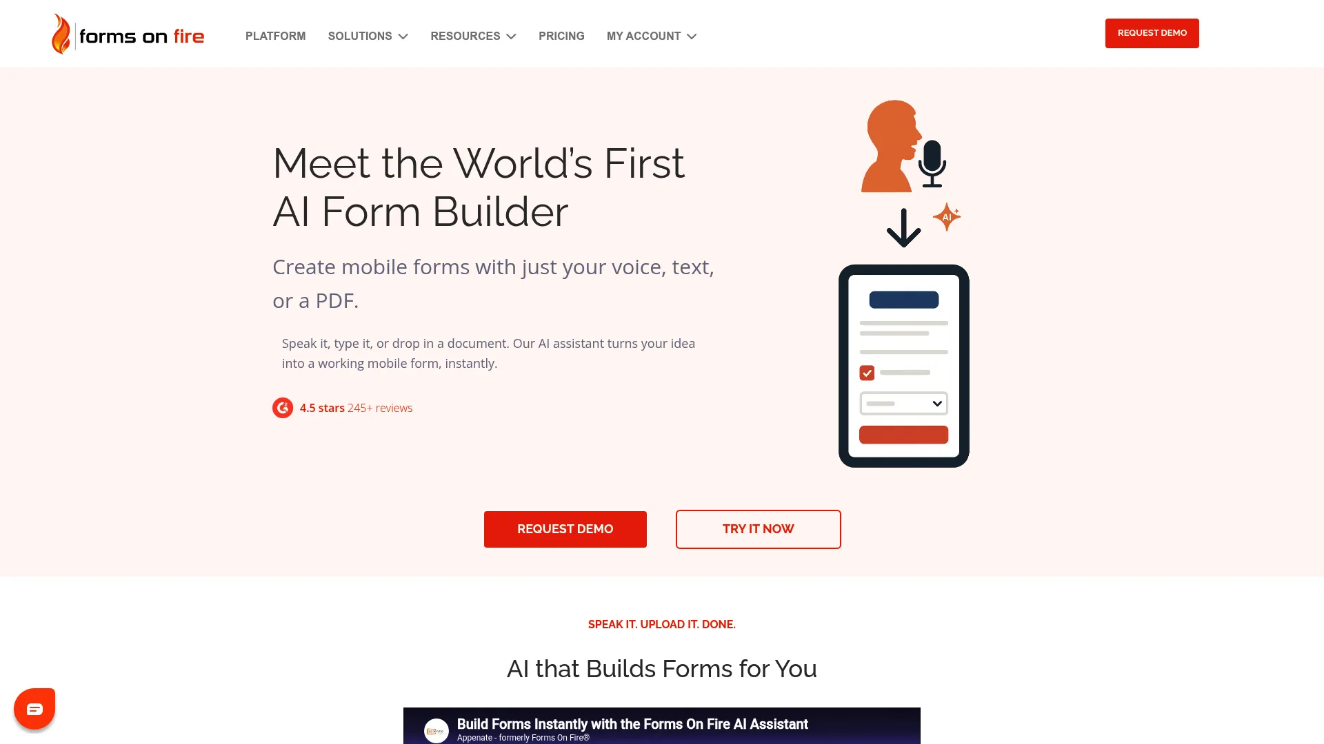 Forms On Fire mobile forms platform homepage