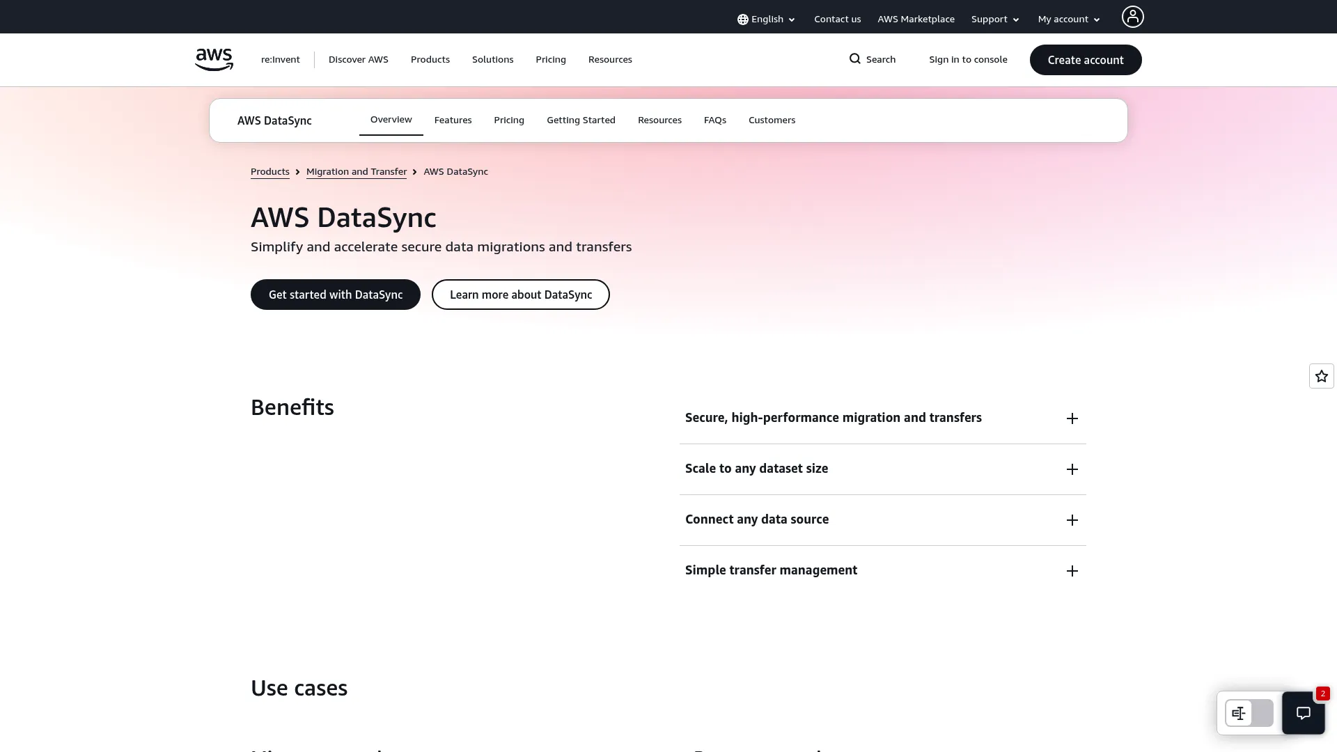 AWS DataSync data transfer service interface