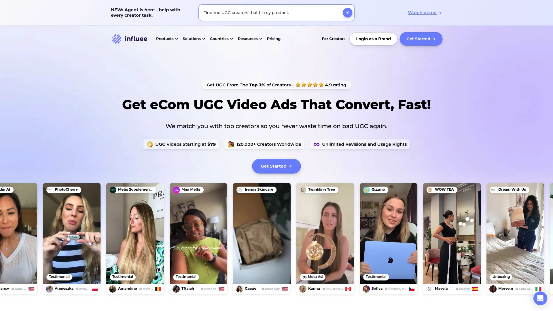 Influee UGC creator marketplace platform homepage