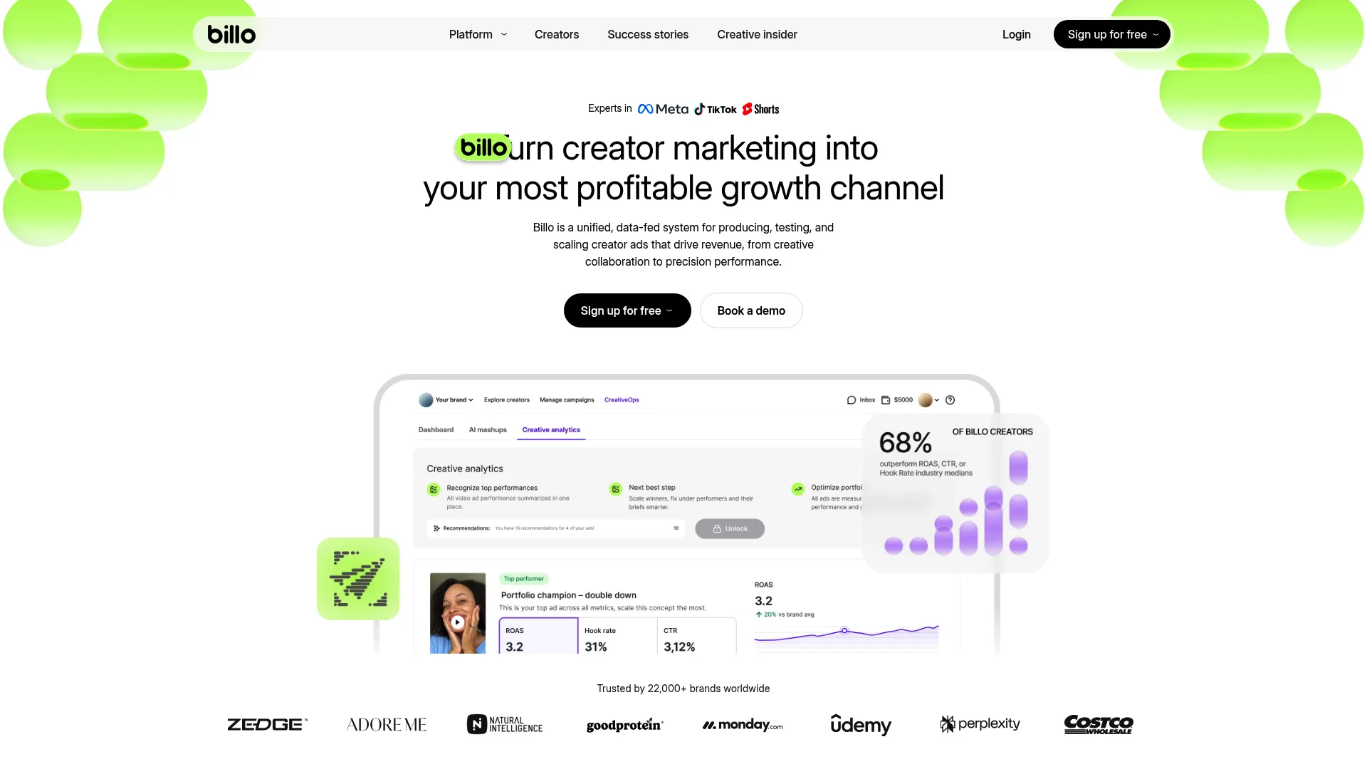 Billo creator video ad platform homepage