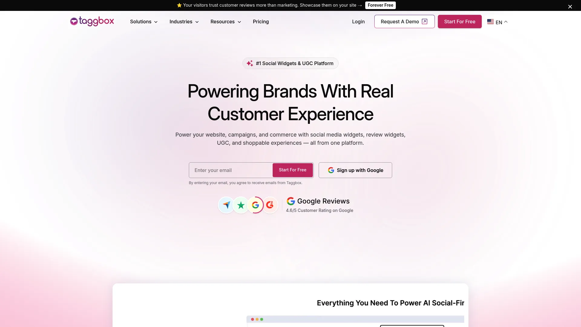 Taggbox UGC aggregation and widget platform homepage
