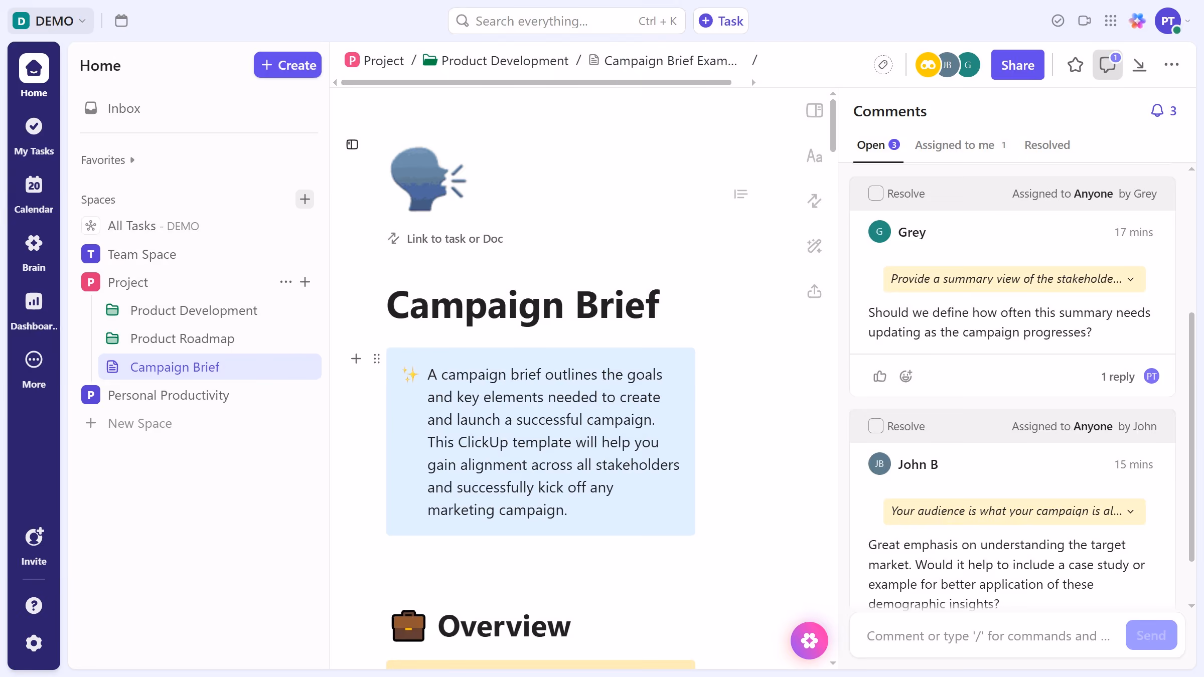 How to resolve a comment in a Doc in ClickUp