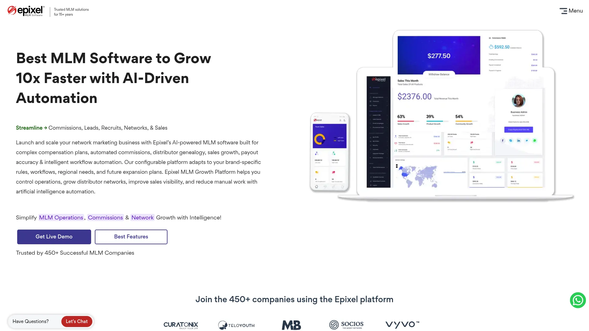 Epixel MLM Software homepage showing AI-powered MLM platform