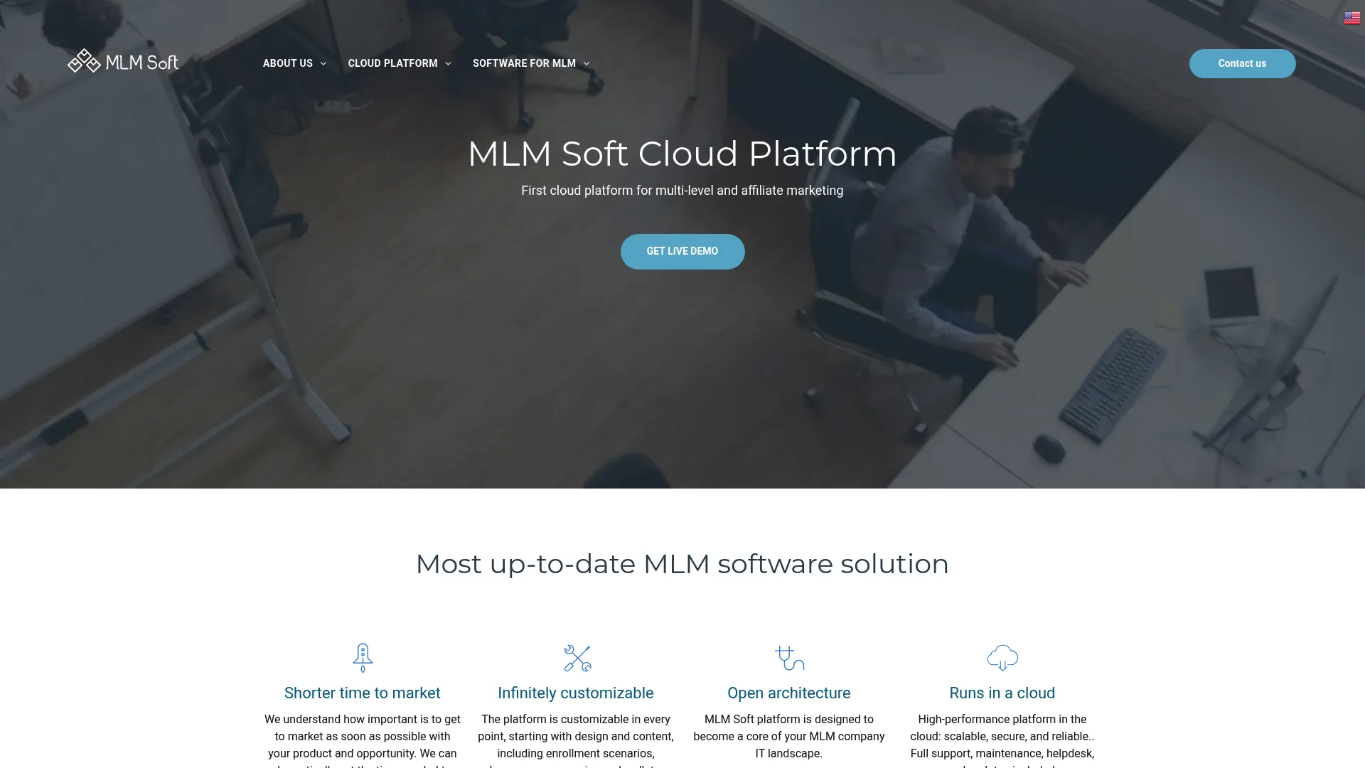 MLM Soft homepage showing cloud MLM platform features
