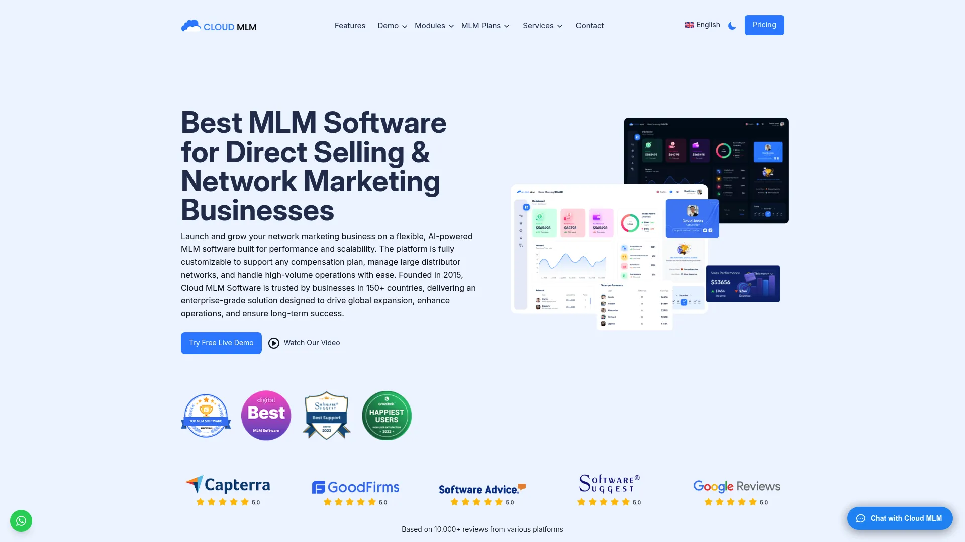 Cloud MLM Software homepage showing cloud-based MLM platform