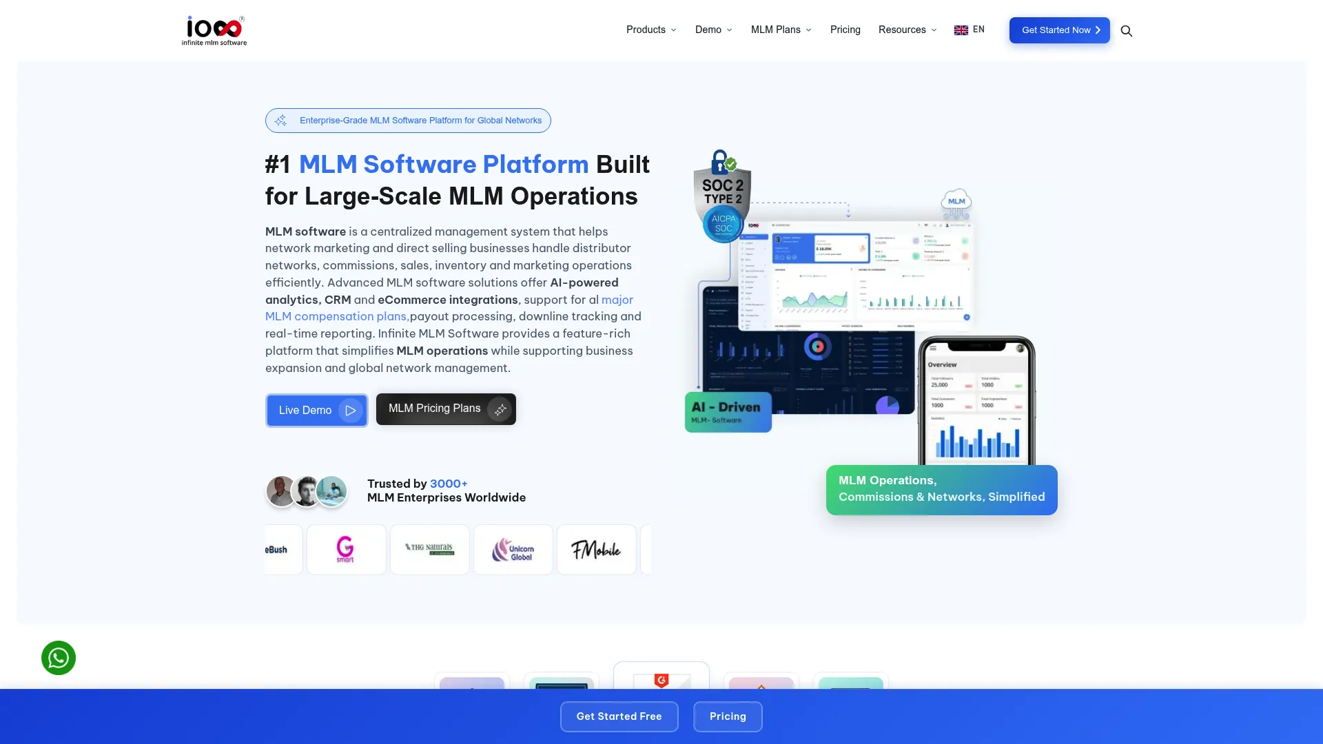 Infinite MLM Software homepage showing compensation plan support