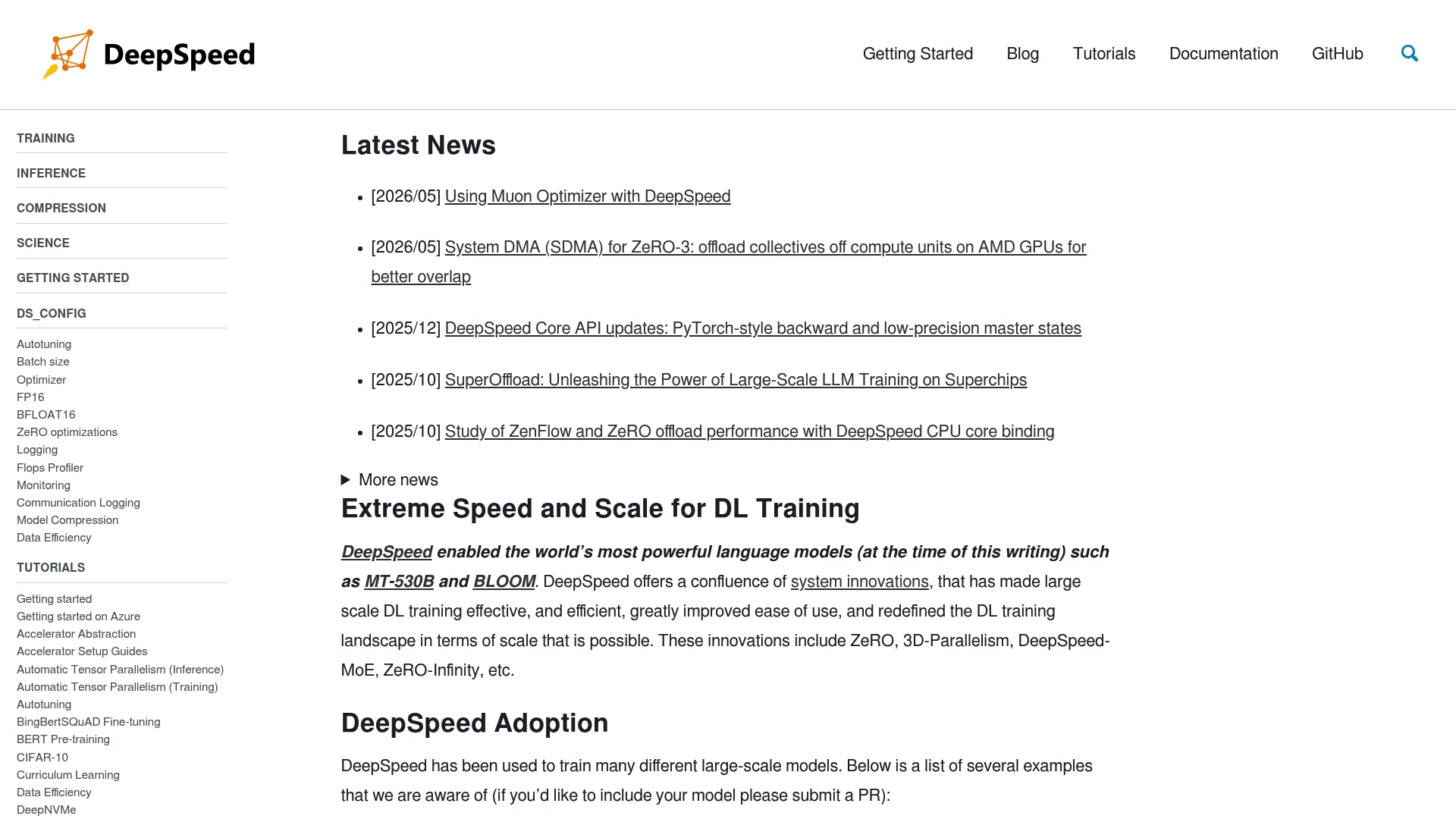 DeepSpeed page screenshot