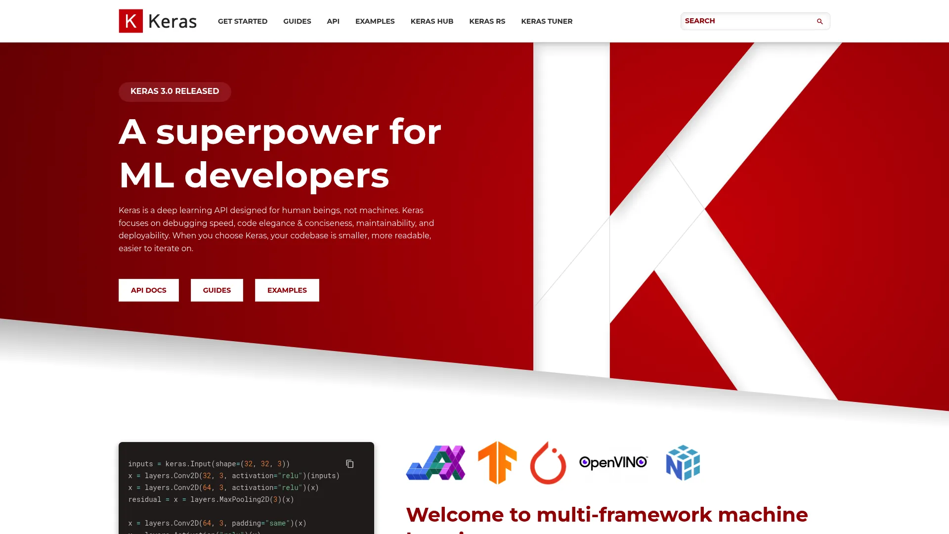 Keras homepage screenshot