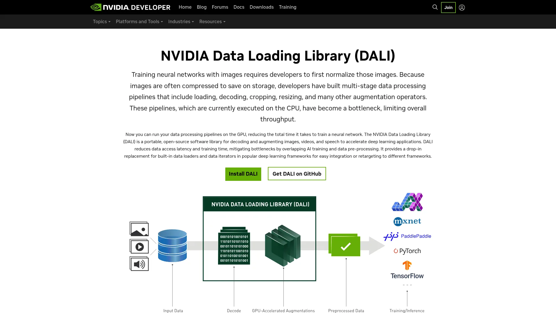NVIDIA DALI page screenshot