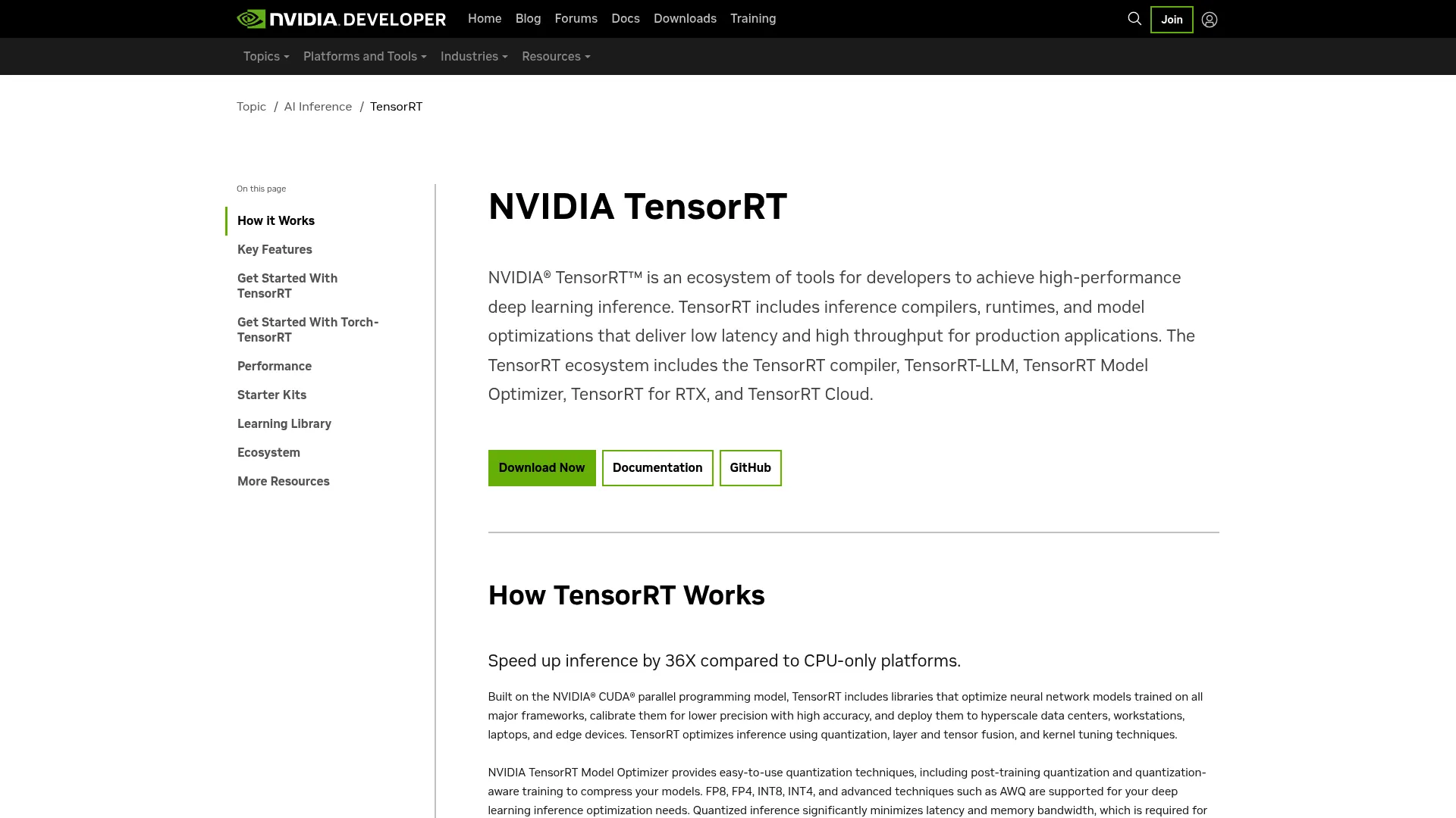 TensorRT page screenshot