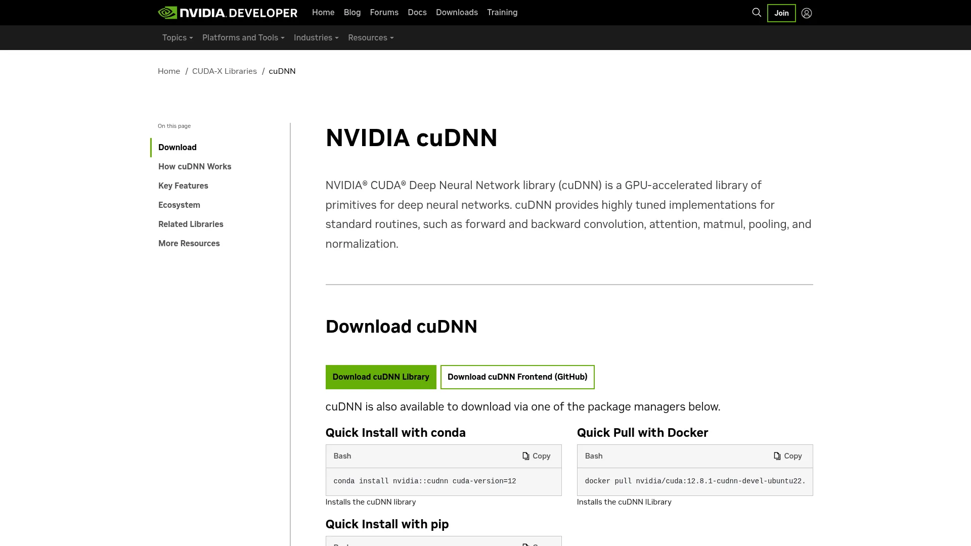 cuDNN page screenshot