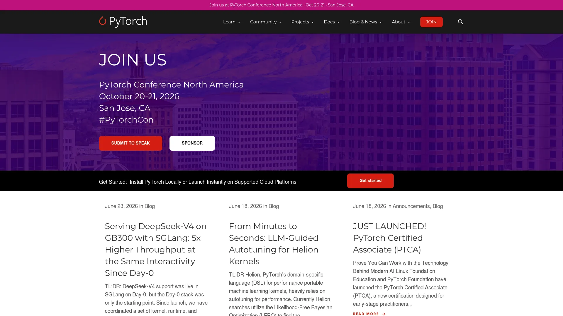 PyTorch homepage screenshot
