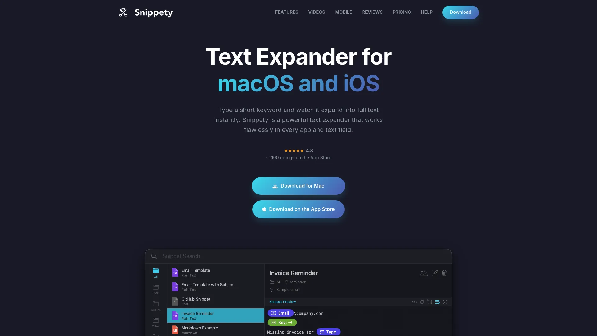 Snippety Mac and iOS snippet manager homepage