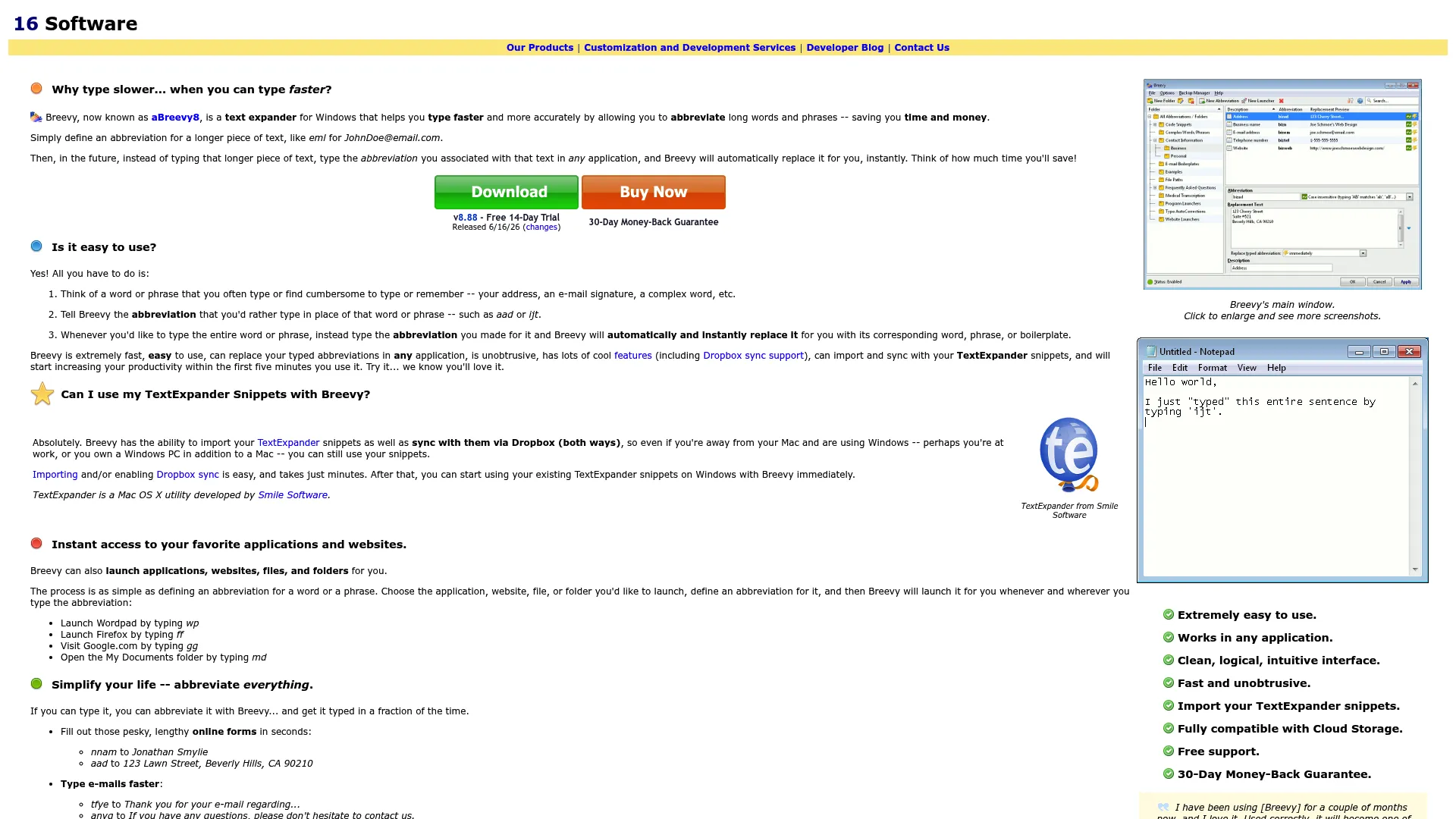 Breevy Windows text expander homepage