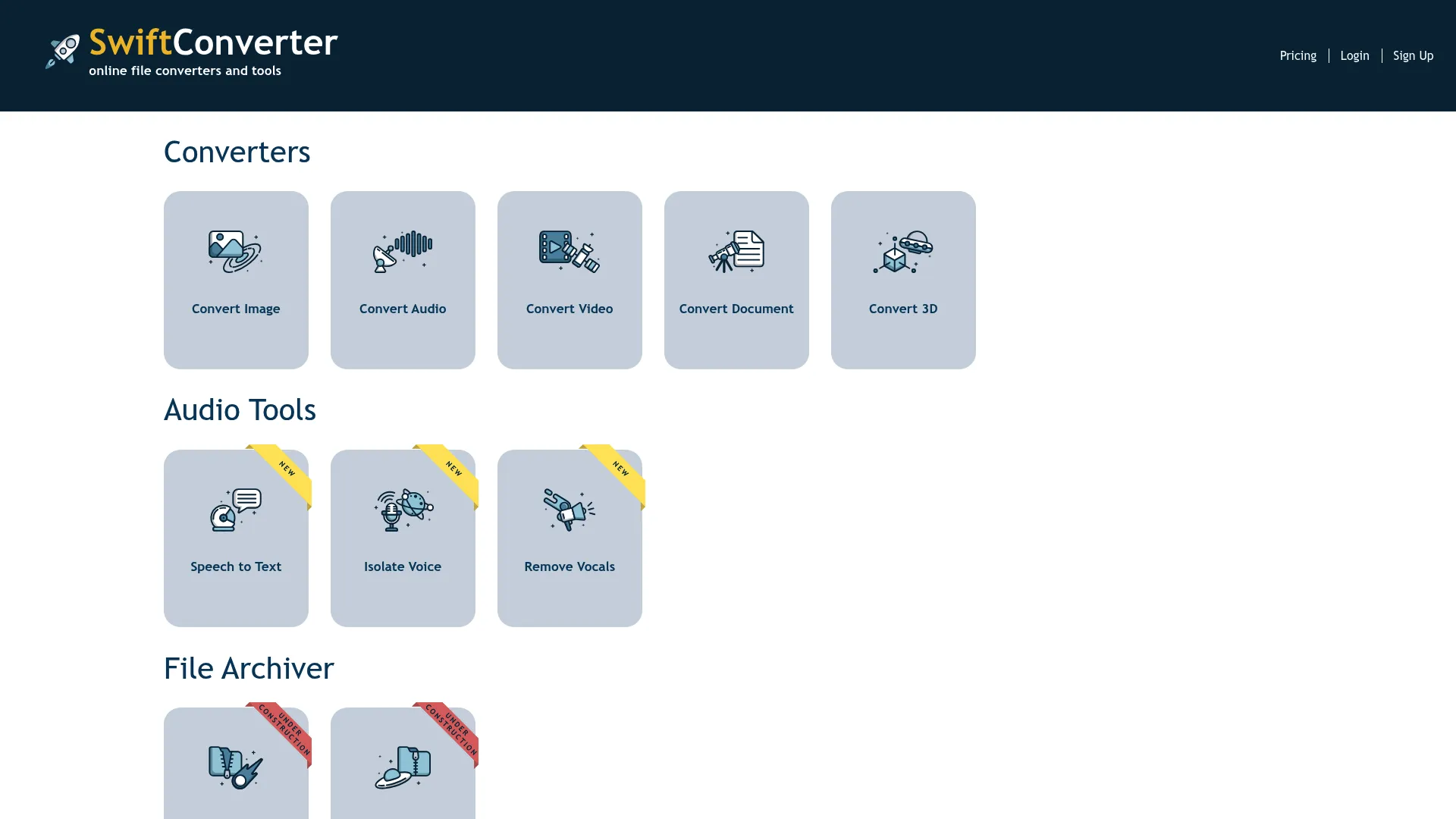 SwiftConverter online conversion tools for image, audio, video, document, and 3D files