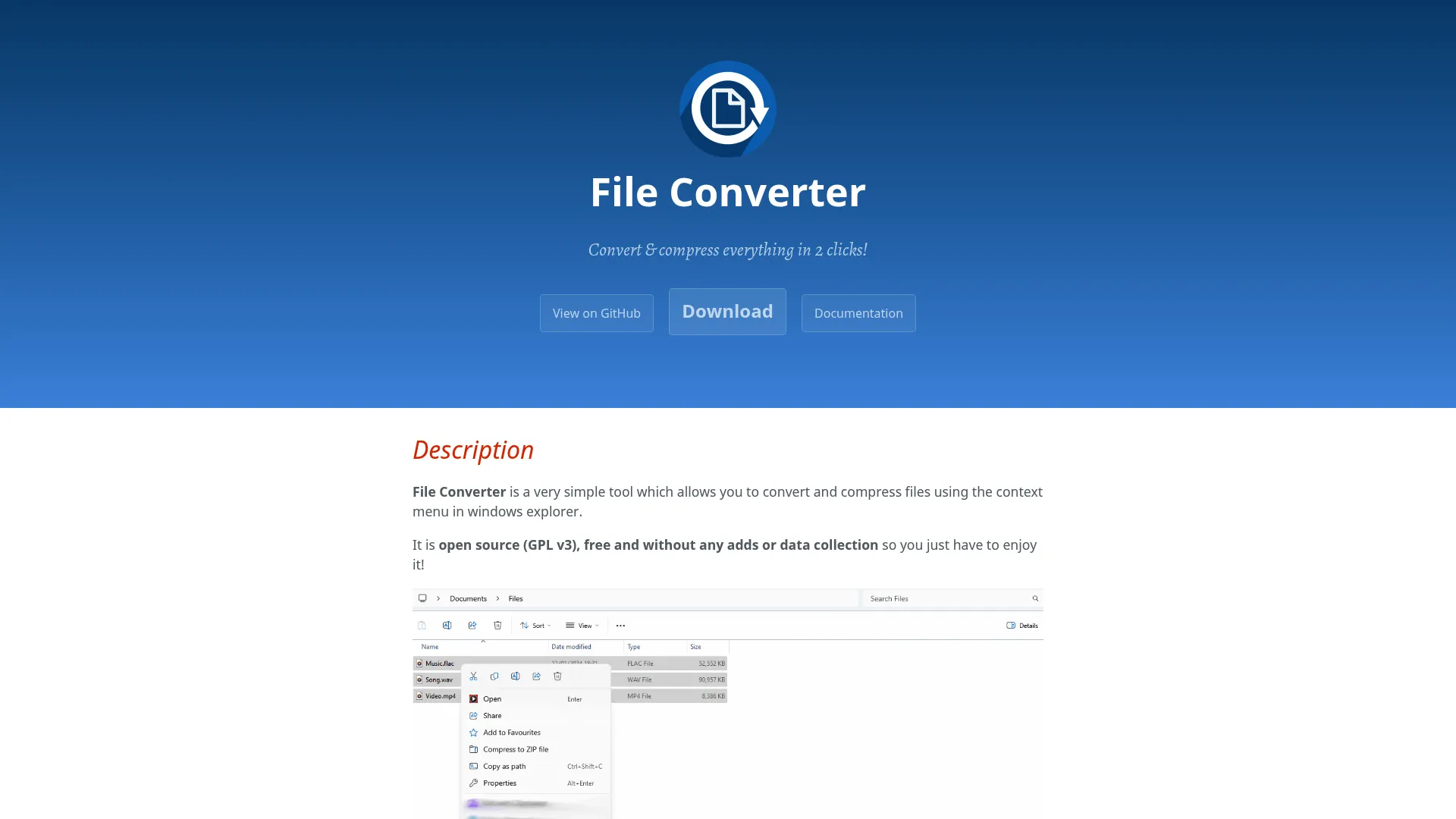 File Converter homepage showing right-click context-menu conversion for Windows