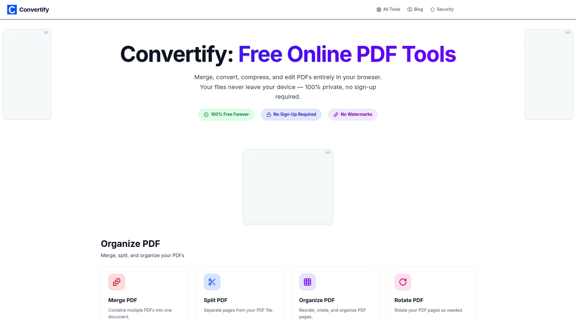 Convertify homepage showing privacy-first browser-based file conversion tools