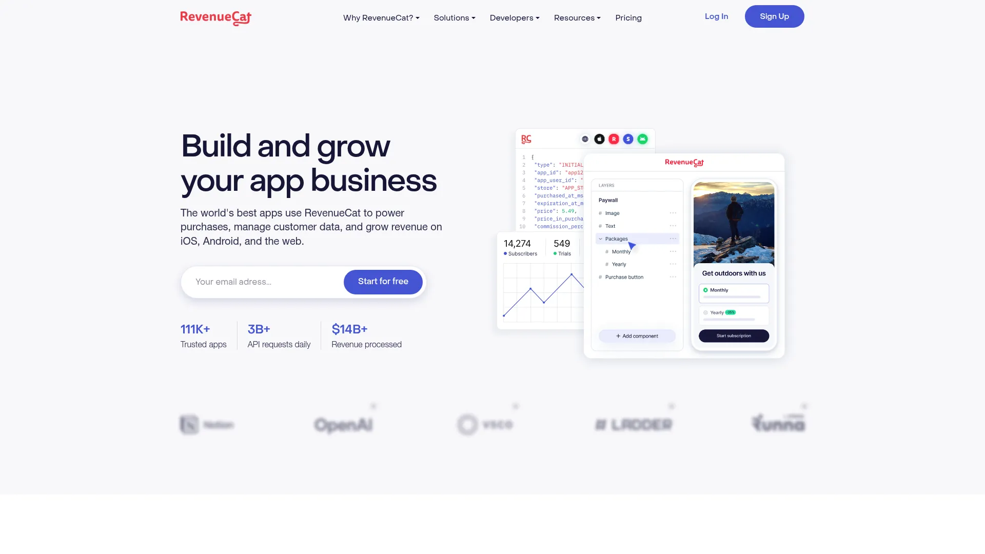 RevenueCat subscription management platform homepage