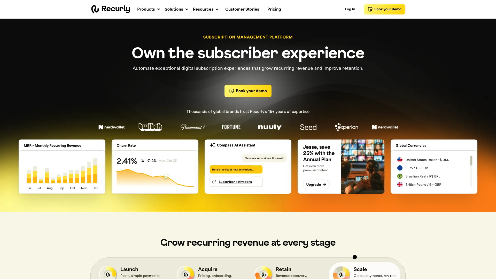 Recurly subscription management platform homepage
