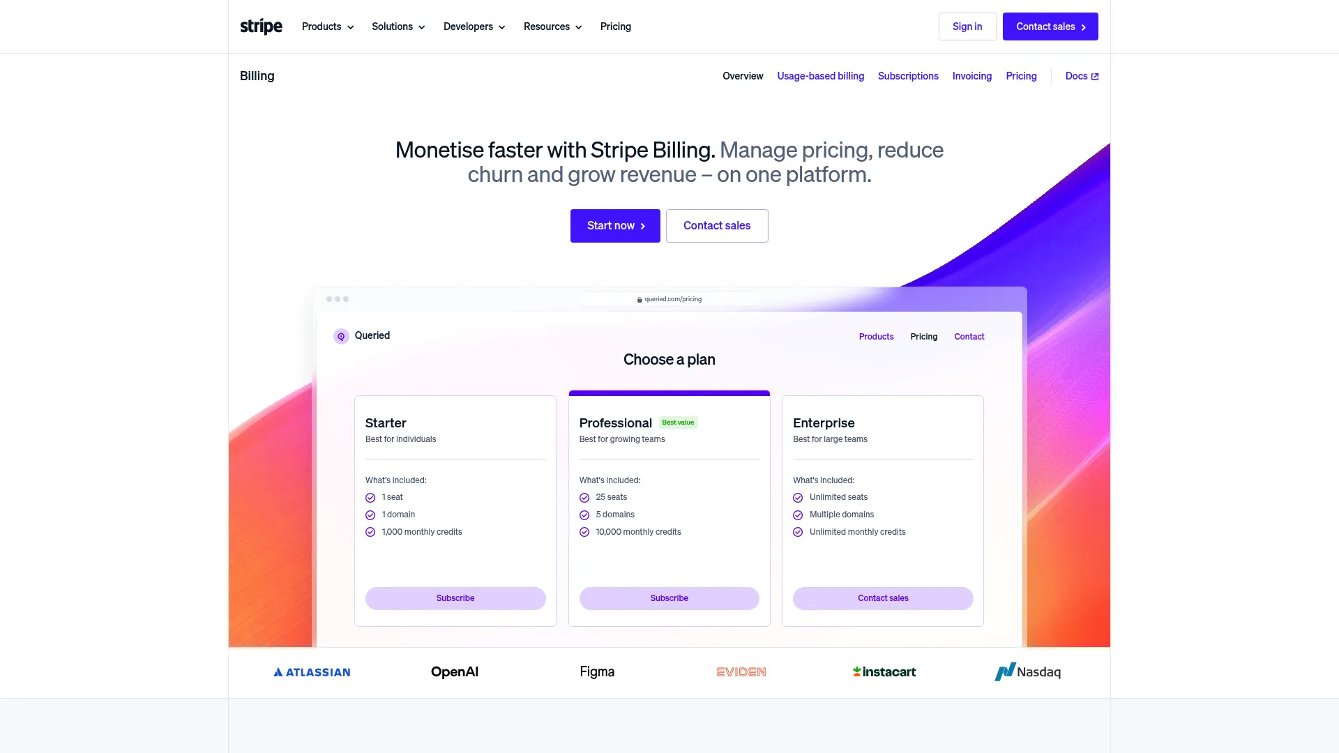 Stripe Billing subscription and usage-based billing product page