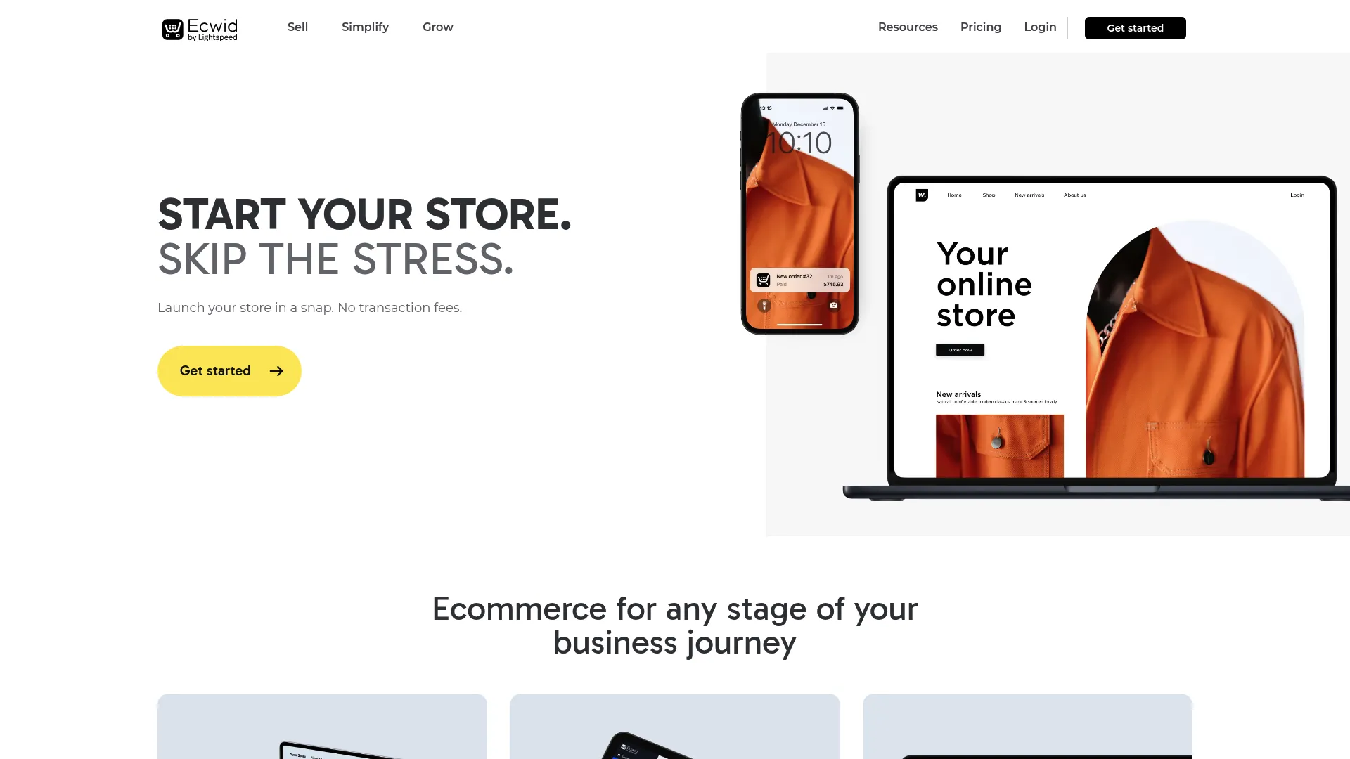 Ecwid by Lightspeed ecommerce platform homepage